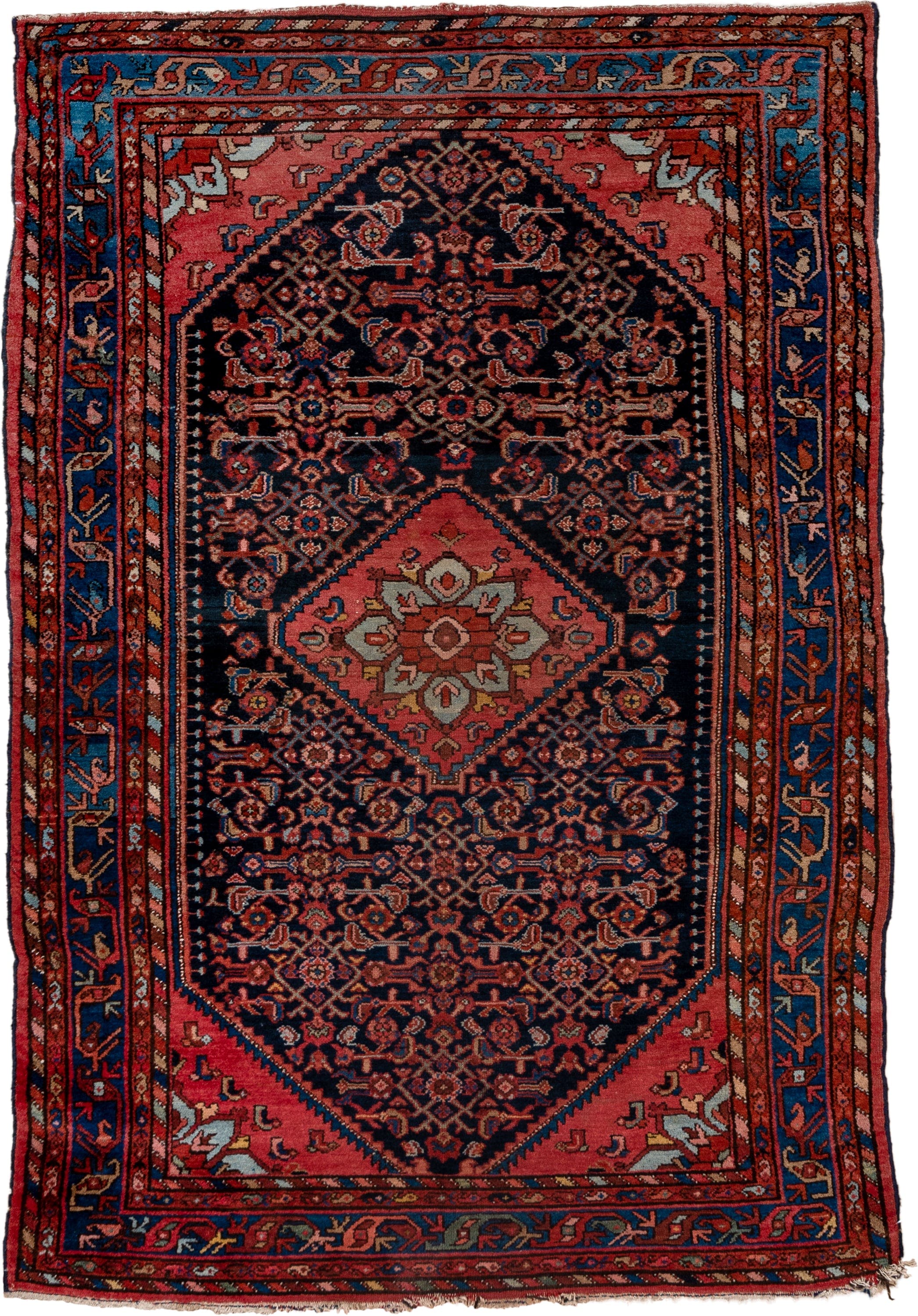 4' x 6' one-of-a-kind handmade vintage Malayer small size rug. Color palette: navy, coral, cobalt, rust, ivory, rose, camel