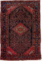 4' x 6' one-of-a-kind handmade vintage Malayer small size rug. Color palette: navy, coral, cobalt, rust, ivory, rose, camel