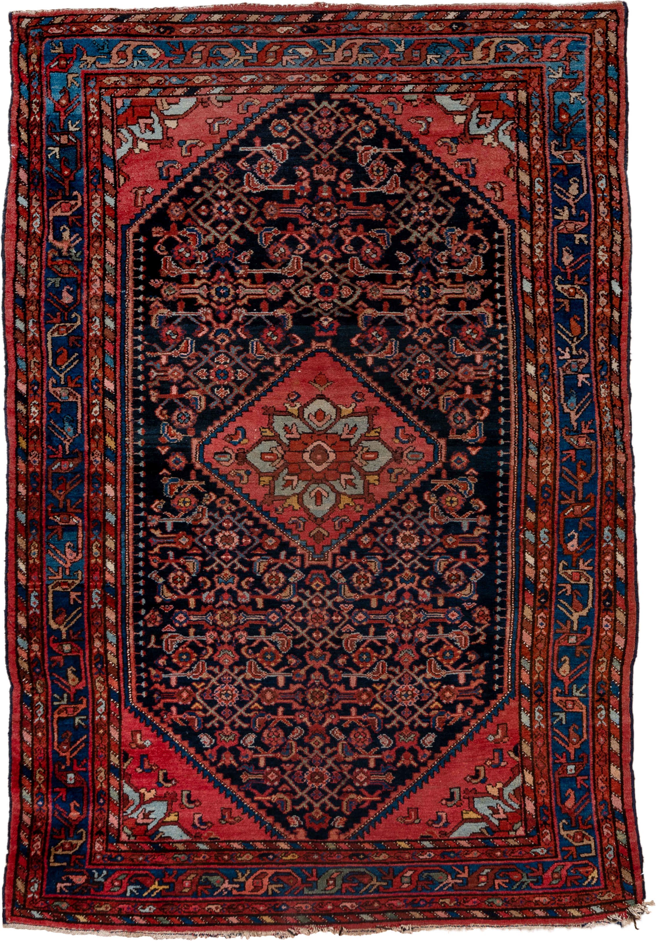 4' x 6' one-of-a-kind handmade vintage Malayer small size rug. Color palette: navy, coral, cobalt, rust, ivory, rose, camel