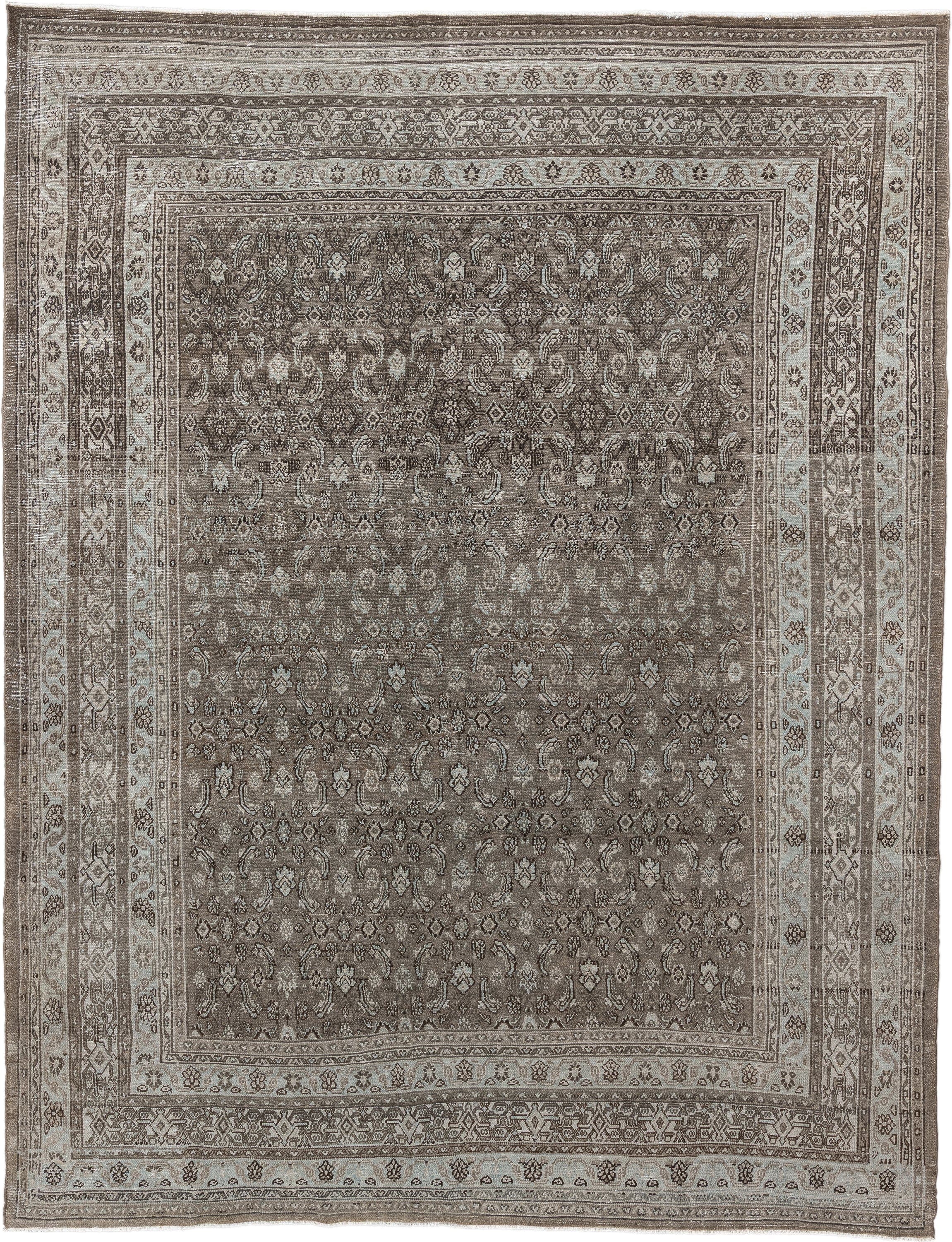9' x 11' one-of-a-kind handmade antique Bibikabad large size rug. Color palette: taupe, ivory, brown, camel, charcoal, beige