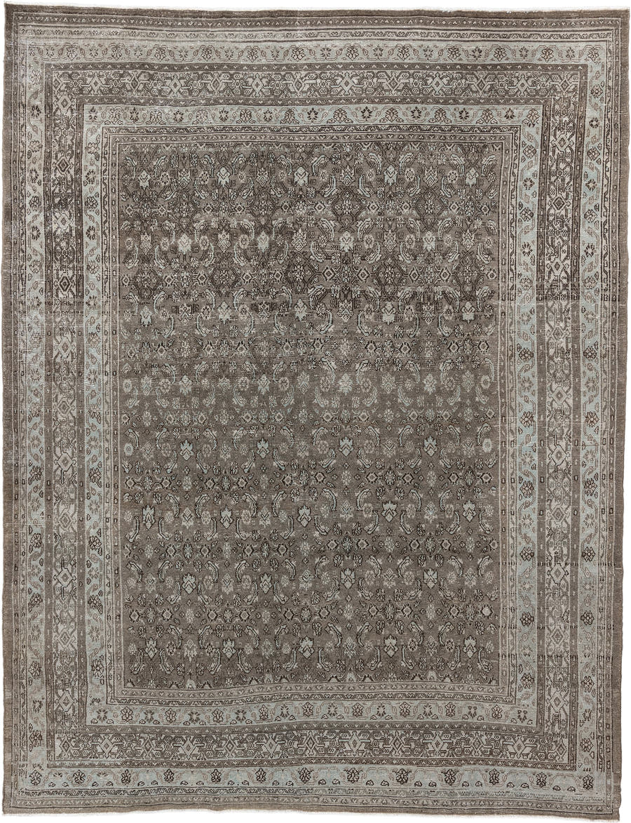 9' x 11' one-of-a-kind handmade antique Bibikabad large size rug. Color palette: taupe, ivory, brown, camel, charcoal, beige
