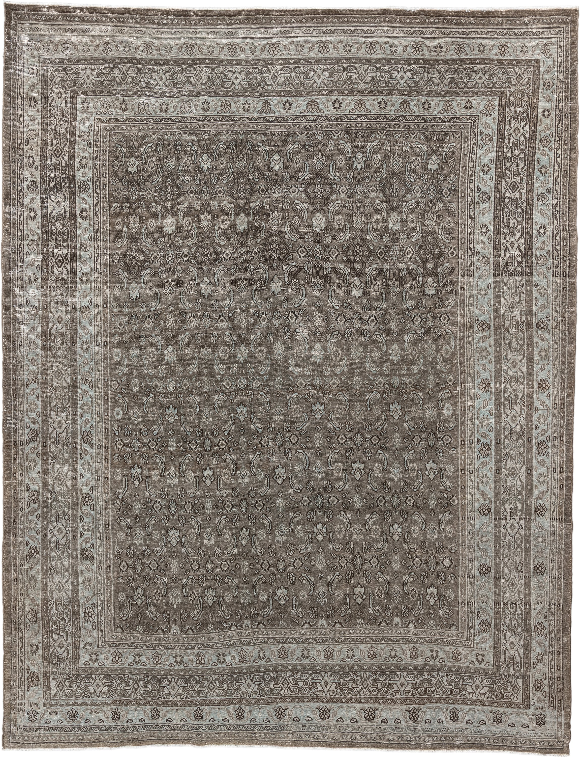 9' x 11' one-of-a-kind handmade antique Bibikabad large size rug. Color palette: taupe, ivory, brown, camel, charcoal, beige