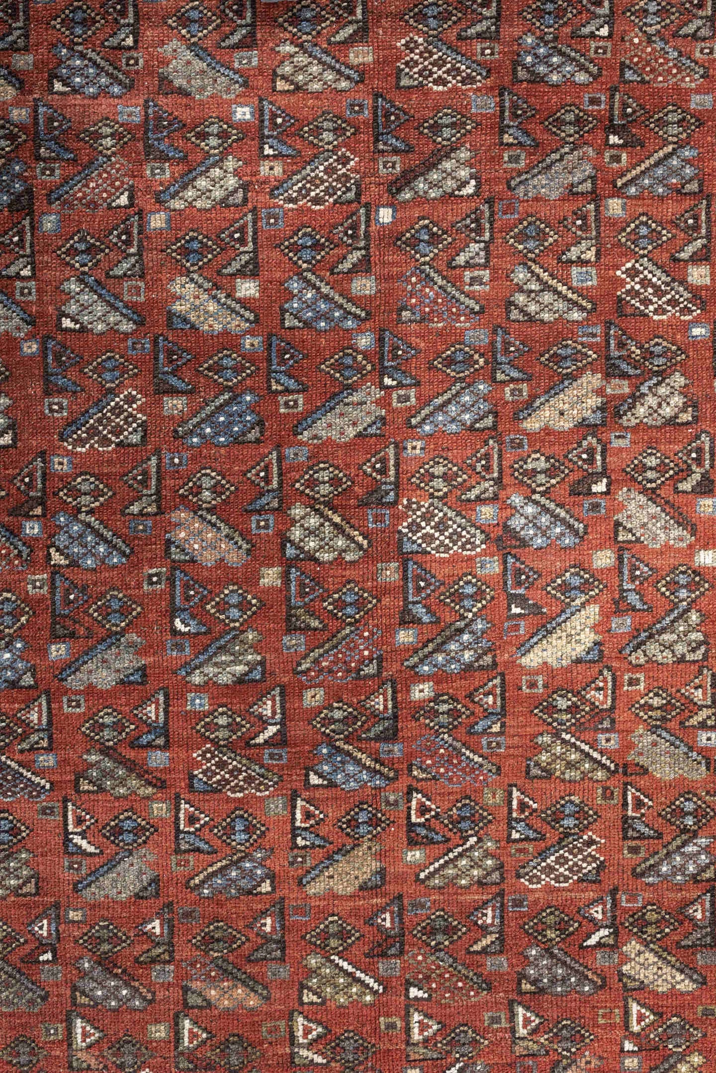 4' x 6' one-of-a-kind handmade antique Malayer small size rug. Color palette: rust, ivory, dark brown, slate blue, camel
