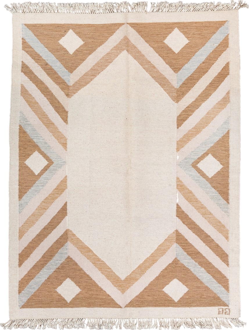 5' x 7' one-of-a-kind handmade vintage Rollaken rug. Color palette: ivory, camel, cream, pale_blue, beige, light blue