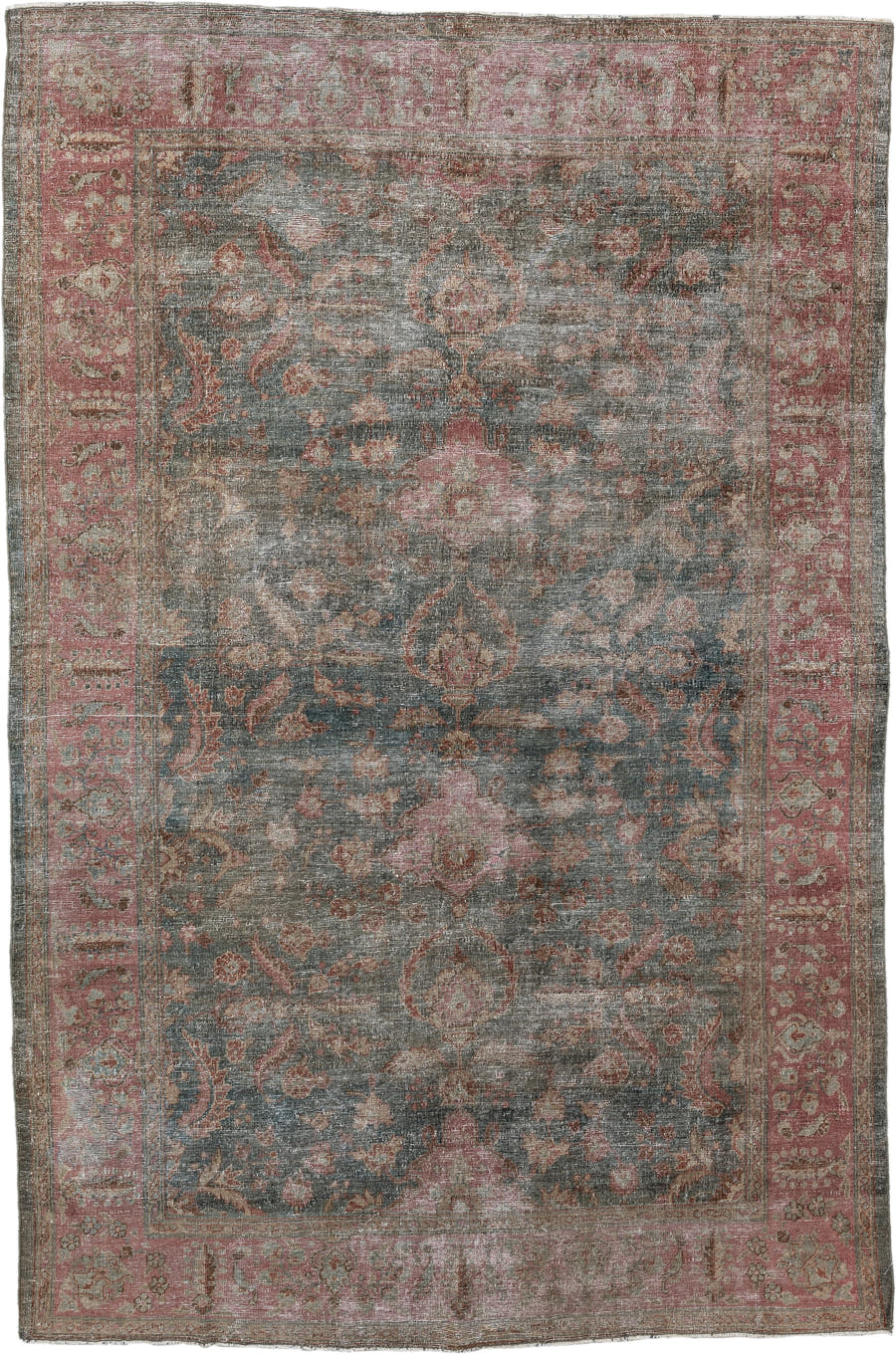 6' x 9' one-of-a-kind handmade antique Mahal medium size rug. Color palette: slate, rose, terracotta, taupe, ivory, charcoal