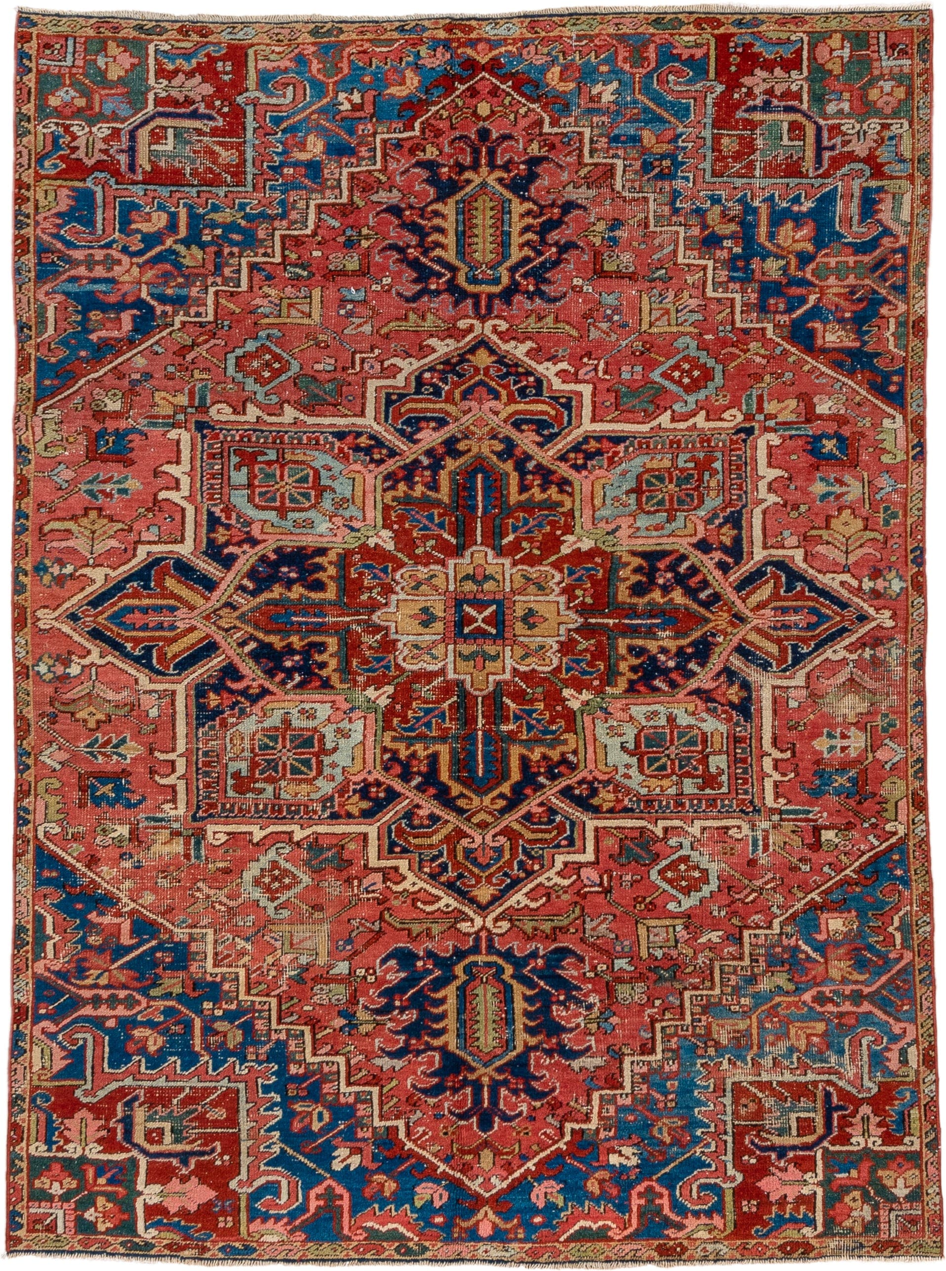 5' x 8' one-of-a-kind handmade vintage Heriz medium size rug. Color palette: coral, navy, sky blue, ivory, rust, sage, camel