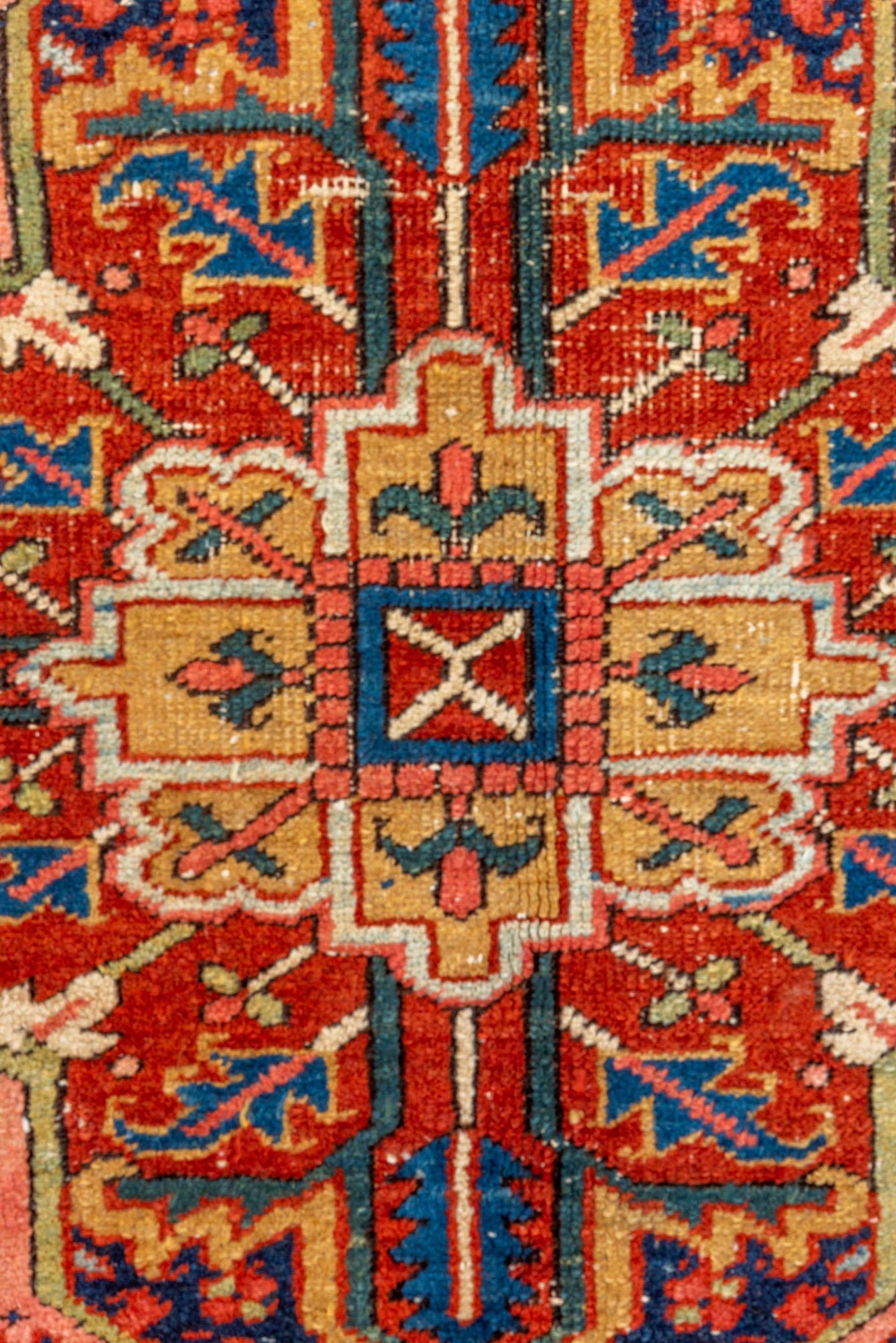 5' x 8' one-of-a-kind handmade vintage Heriz medium size rug. Color palette: coral, navy, sky blue, ivory, rust, sage, camel