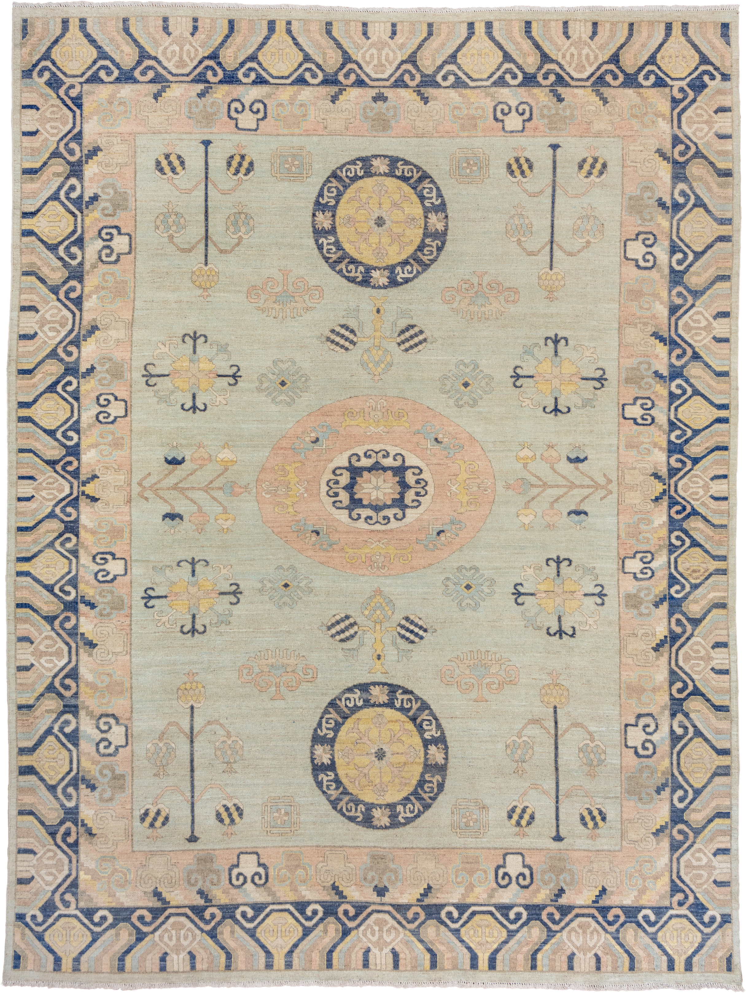 10' x 14' one-of-a-kind handmade vintage Khotan large size rug. Color palette: pale blue, ivory, navy, blush, beige, gold