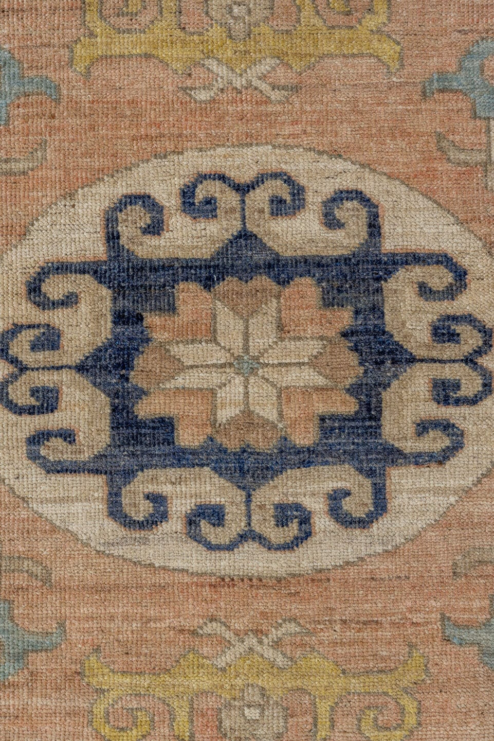 10' x 14' one-of-a-kind handmade vintage Khotan large size rug. Color palette: pale blue, ivory, navy, blush, beige, gold