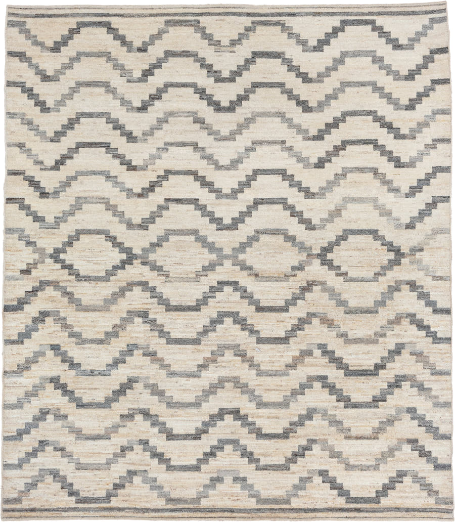 8' x 9' one-of-a-kind handmade vintage Afghan rug. Color palette: ivory, gray, charcoal, cream, taupe, black, beige