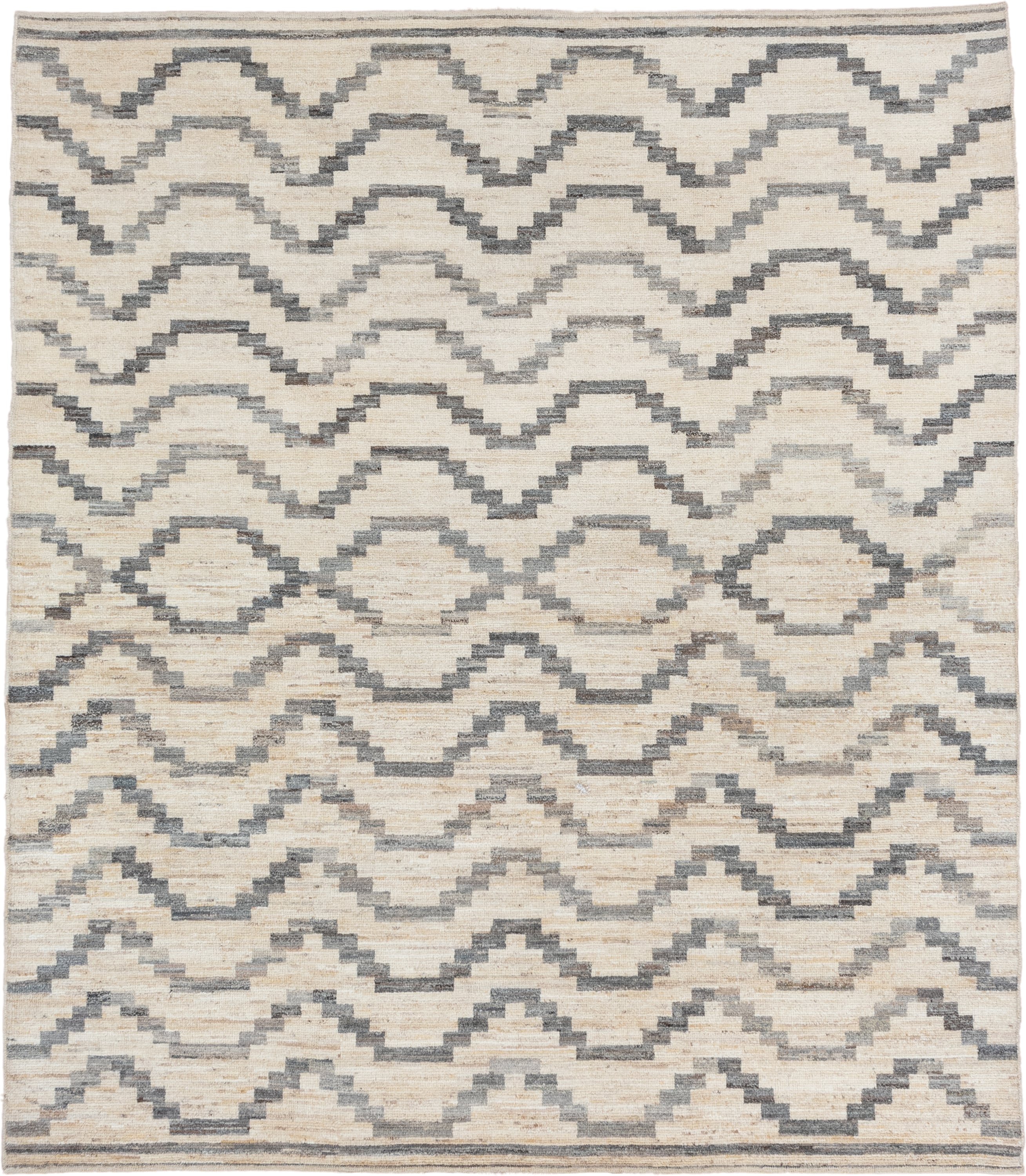 8' x 9' one-of-a-kind handmade vintage Afghan rug. Color palette: ivory, gray, charcoal, cream, taupe, black, beige