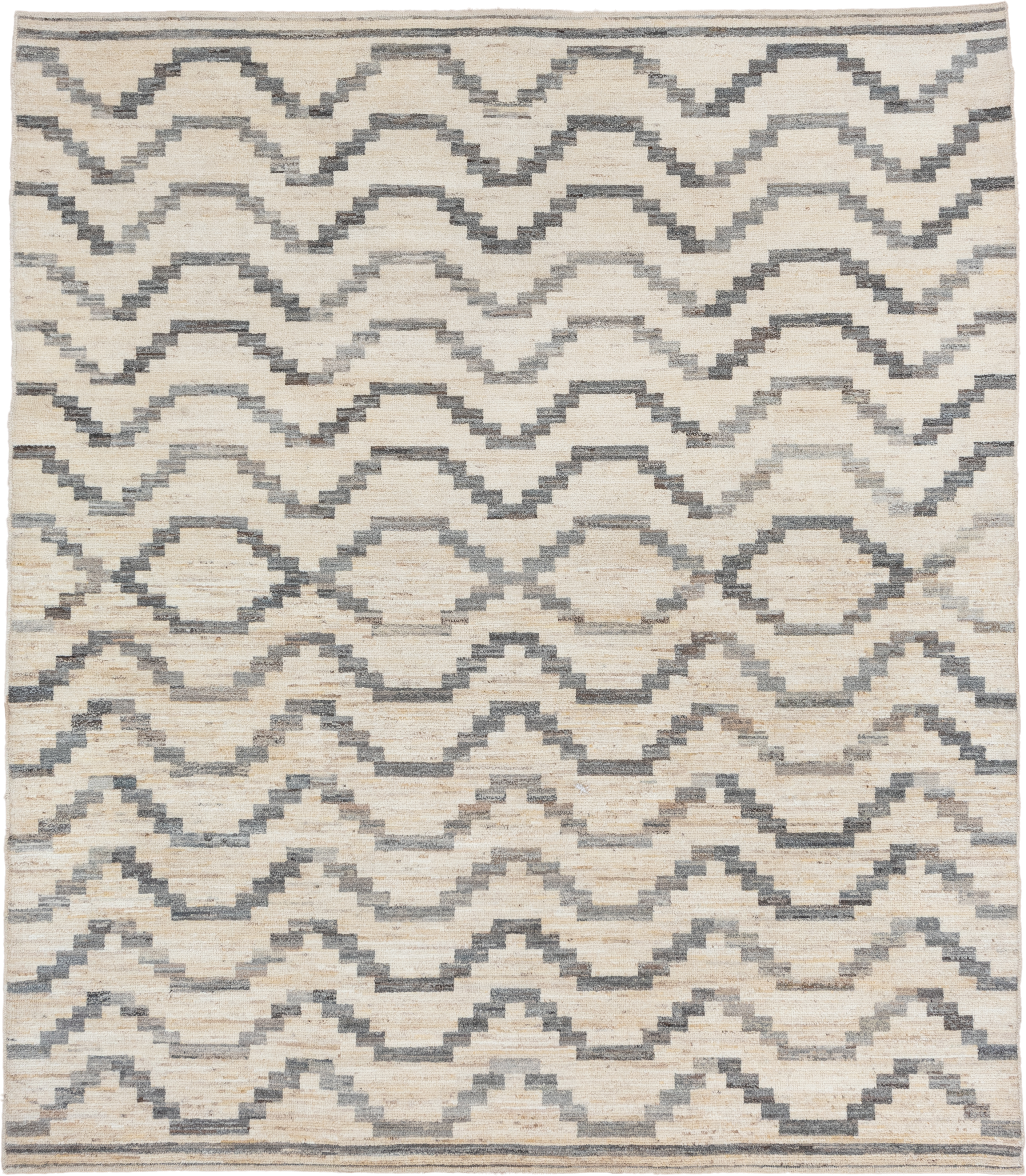 8' x 9' one-of-a-kind handmade vintage Afghan rug. Color palette: ivory, gray, charcoal, cream, taupe, black, beige