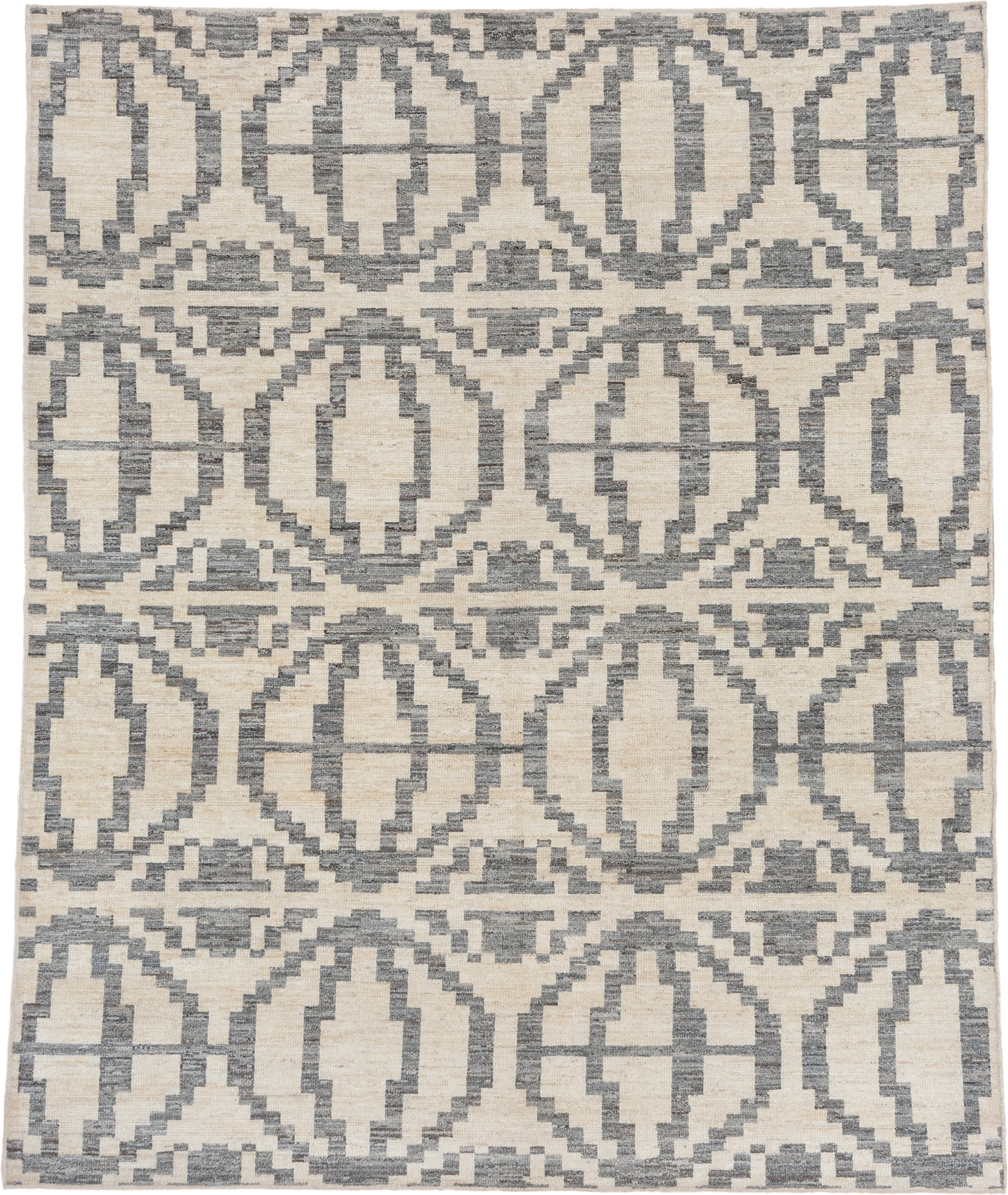 8' x 9' one-of-a-kind handmade vintage Afghan rug. Color palette: ivory, gray, cream, taupe, beige