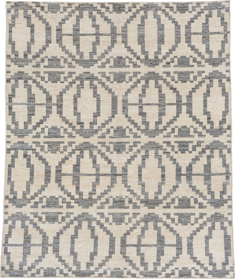 8' x 9' one-of-a-kind handmade vintage Afghan rug. Color palette: ivory, gray, cream, taupe, beige