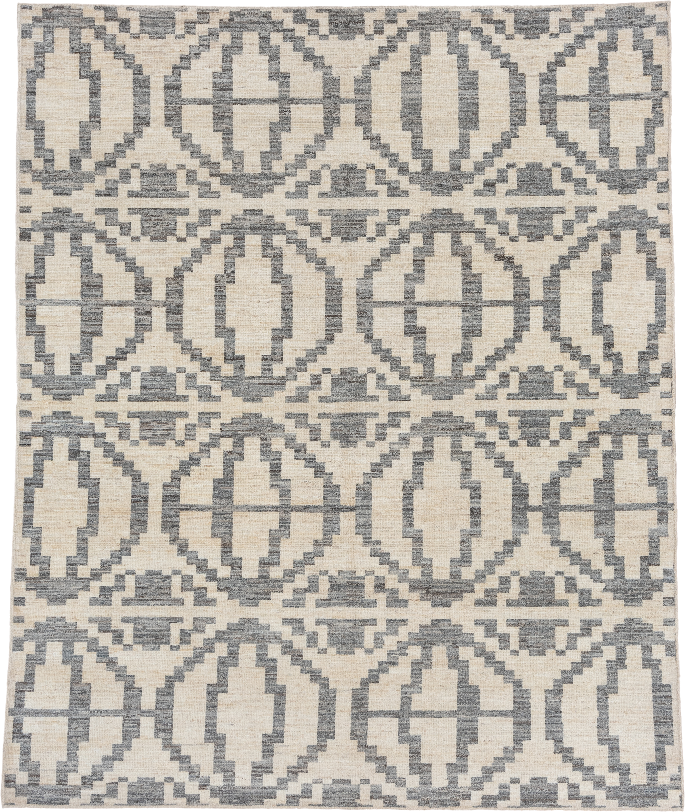 8' x 9' one-of-a-kind handmade vintage Afghan rug. Color palette: ivory, gray, cream, taupe, beige