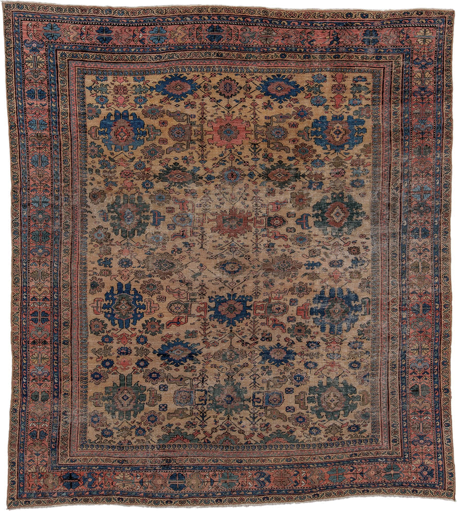 10' x 11' one-of-a-kind handmade vintage Mahal large size rug. Color palette: ivory, indigo, rose, muted blue, taupe, rust