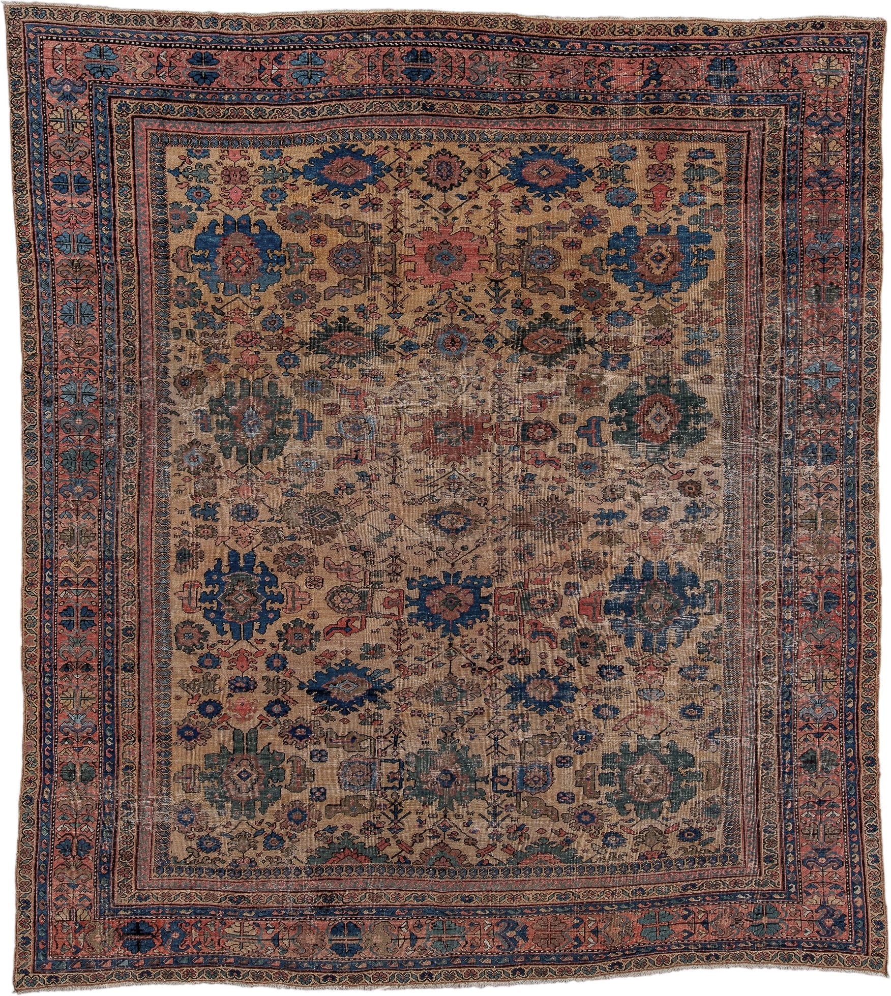 10' x 11' one-of-a-kind handmade vintage Mahal large size rug. Color palette: ivory, indigo, rose, muted blue, taupe, rust