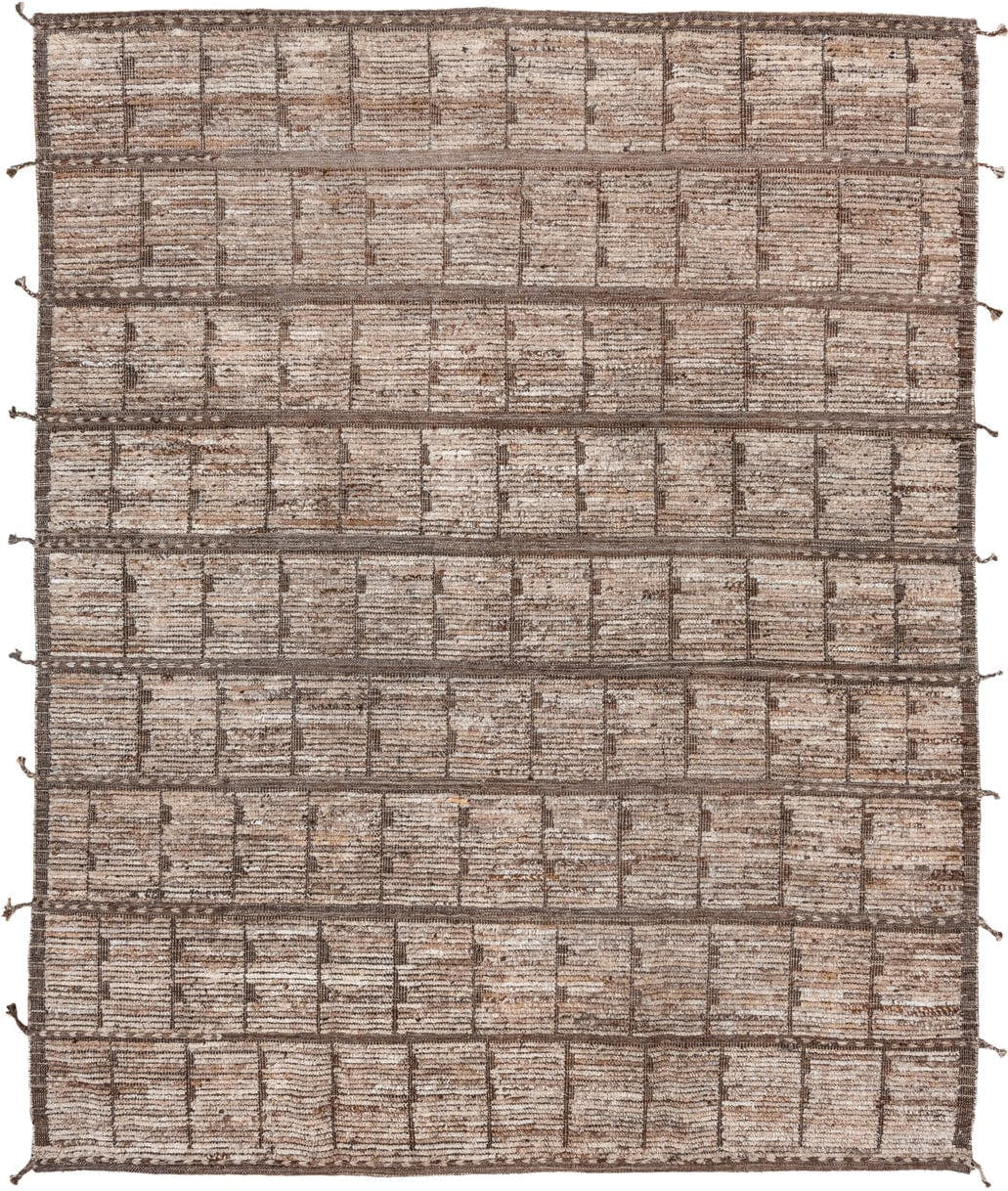 8' x 10' one-of-a-kind handmade vintage Tulu large size rug. Color palette: ivory, taupe, brown, camel, cream, beige, gray