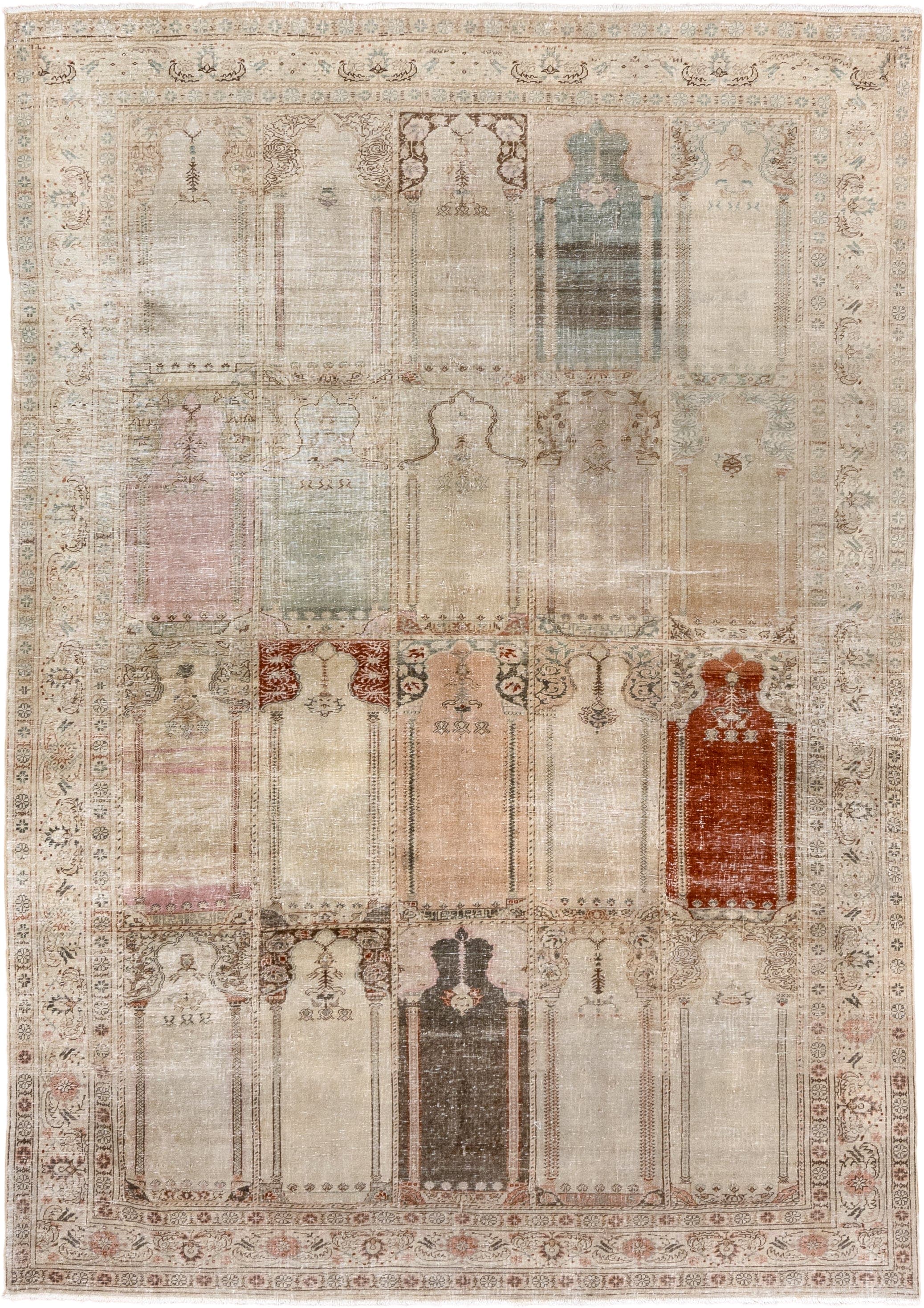 6' x 9' one-of-a-kind handmade antique Kaisary medium size rug. Color palette: ivory, cream, taupe, sage, blush, rust