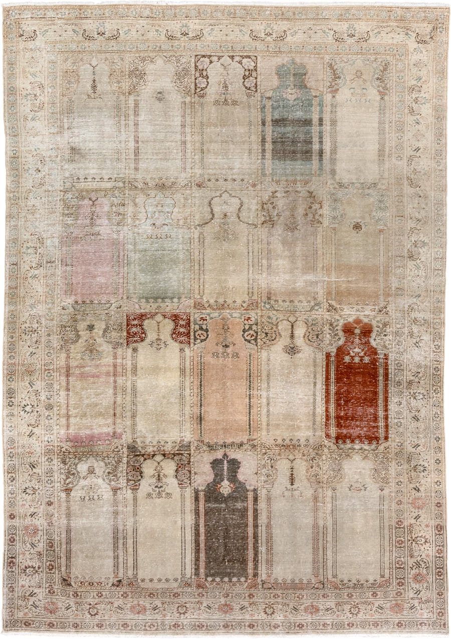 6' x 9' one-of-a-kind handmade antique Kaisary medium size rug. Color palette: ivory, cream, taupe, sage, blush, rust