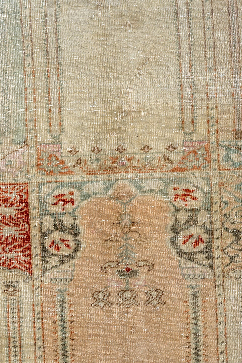 6' x 9' one-of-a-kind handmade antique Kaisary medium size rug. Color palette: ivory, cream, taupe, sage, blush, rust
