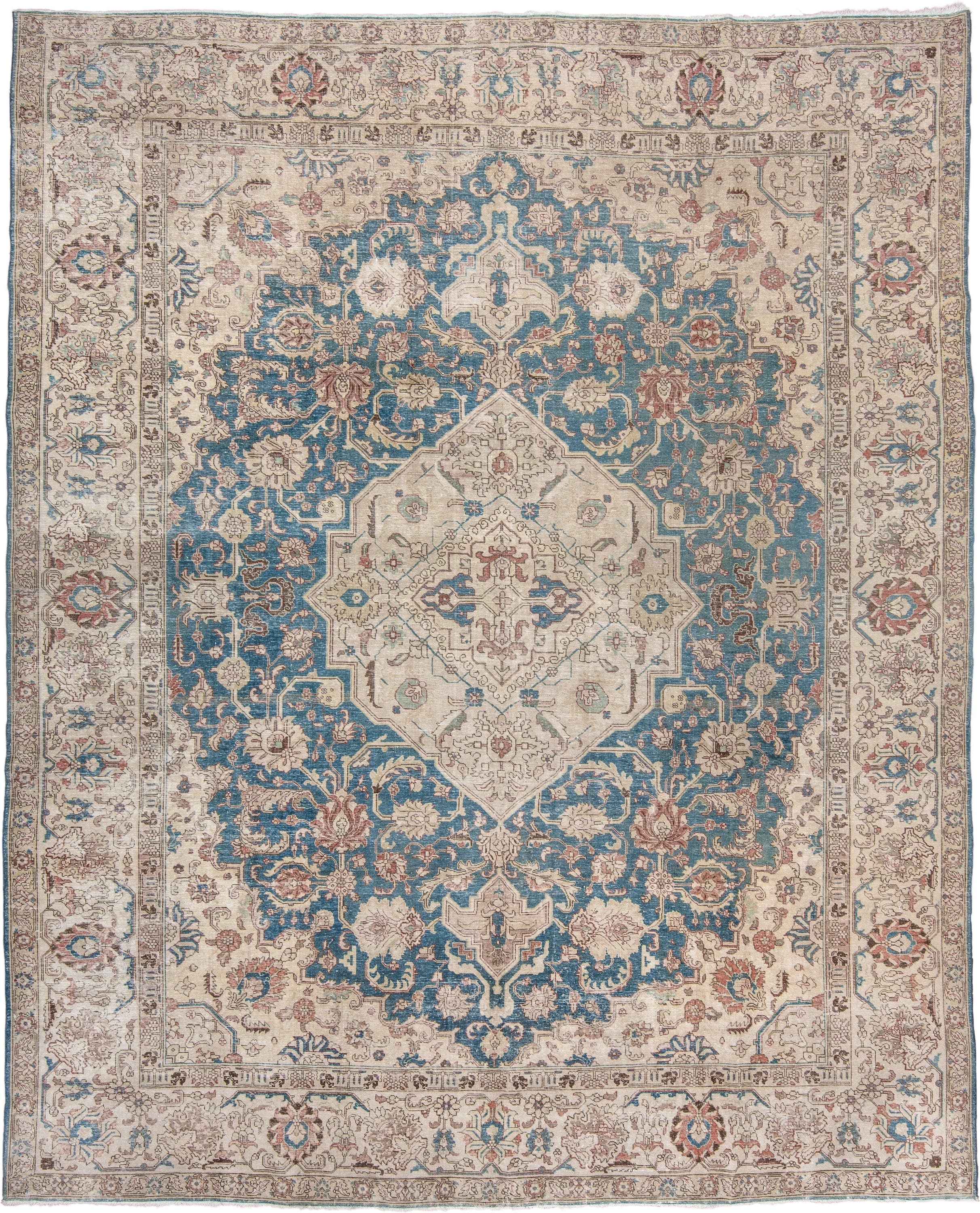10' x 12' one-of-a-kind handmade vintage Tabriz large size rug. Color palette: ivory, teal, taupe, camel, rose, slate, brown