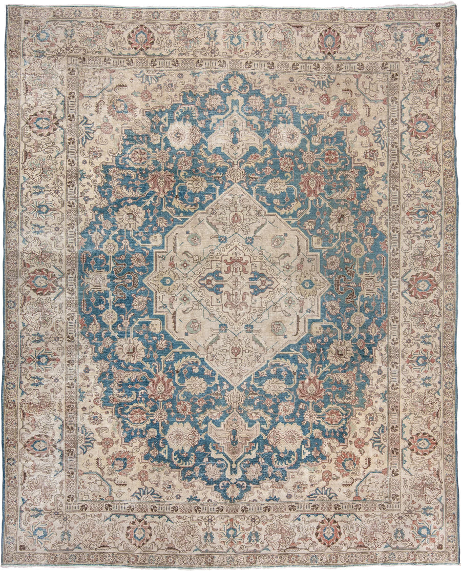10' x 12' one-of-a-kind handmade vintage Tabriz large size rug. Color palette: ivory, teal, taupe, camel, rose, slate, brown