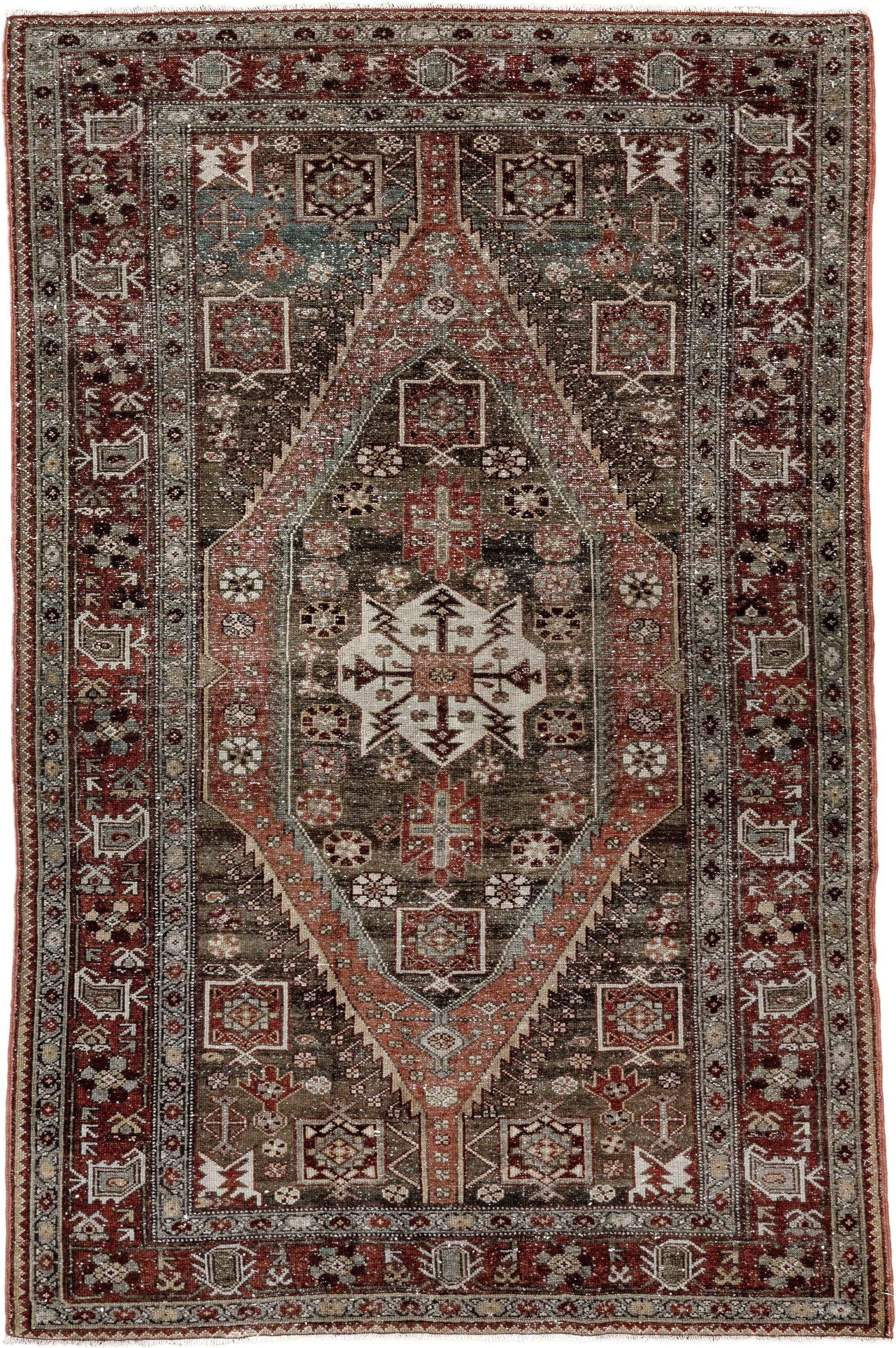 4' x 6' one-of-a-kind handmade vintage Malayer small size rug. Color palette: brown, rust, ivory, burgundy, taupe