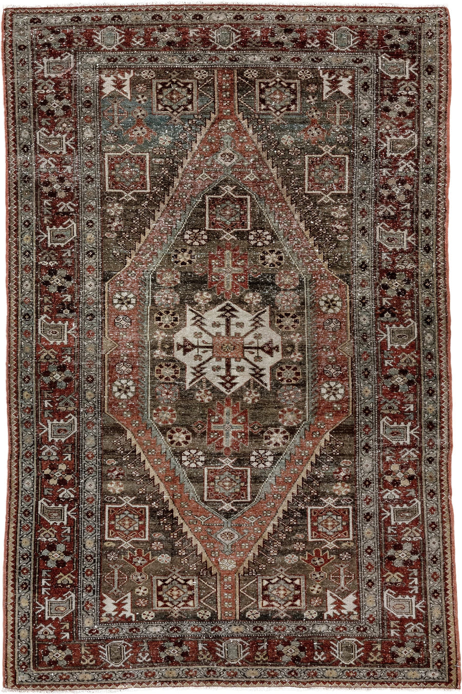 4' x 6' one-of-a-kind handmade vintage Malayer small size rug. Color palette: brown, rust, ivory, burgundy, taupe