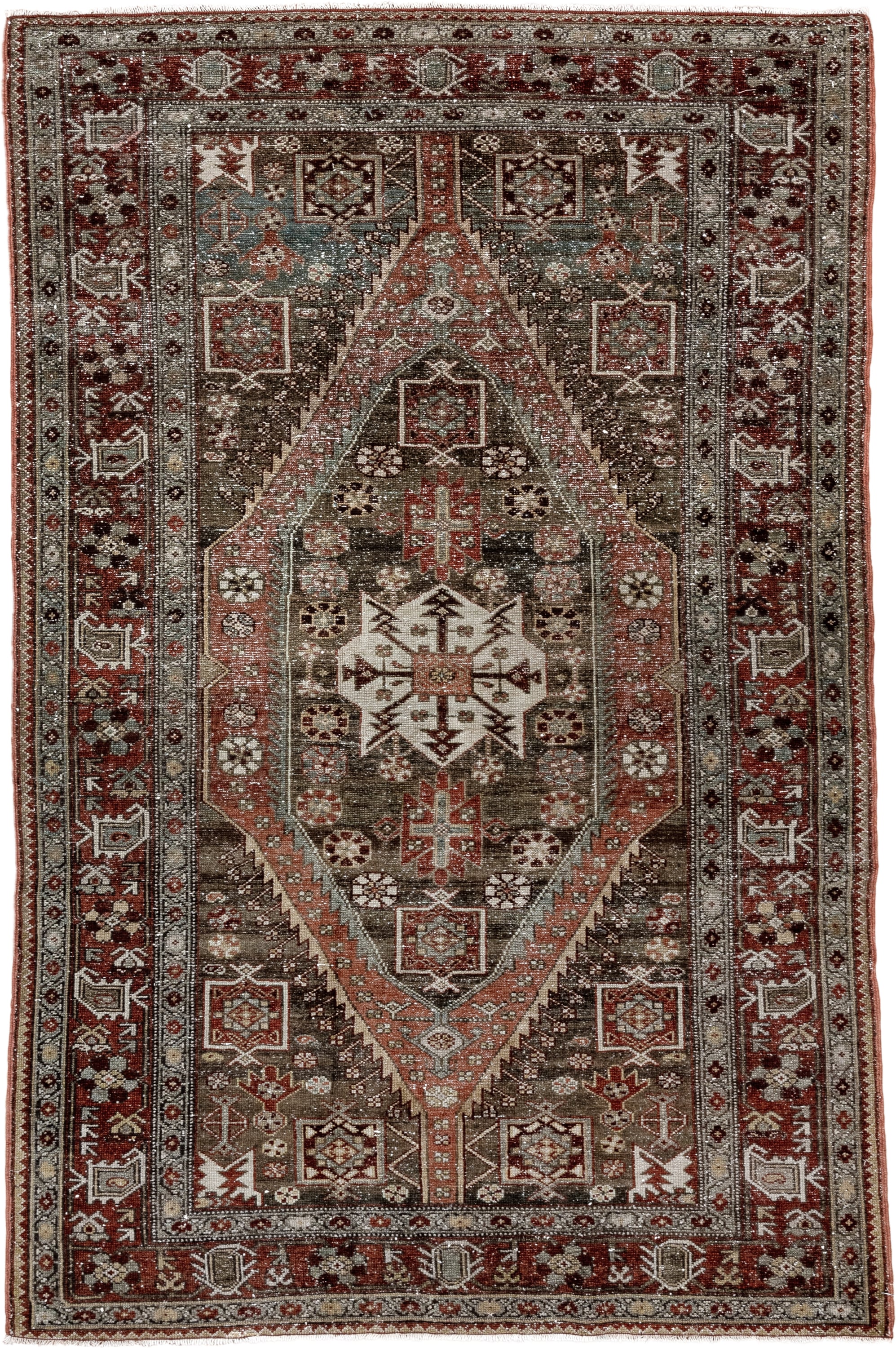 4' x 6' one-of-a-kind handmade vintage Malayer small size rug. Color palette: brown, rust, ivory, burgundy, taupe