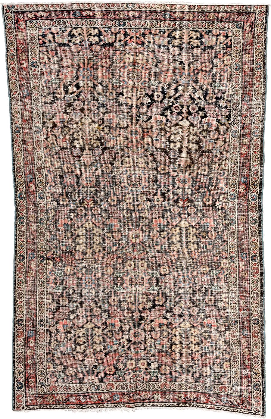 4' x 6' one-of-a-kind handmade antique Farahan small size rug. Color palette: ivory, charcoal, rose, coral, slate, sky blue