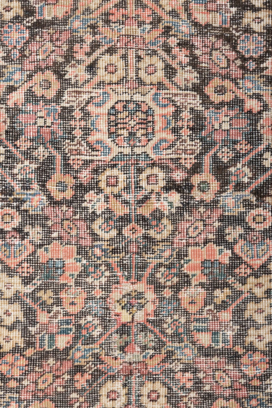 4' x 6' one-of-a-kind handmade antique Farahan small size rug. Color palette: ivory, charcoal, rose, coral, slate, sky blue