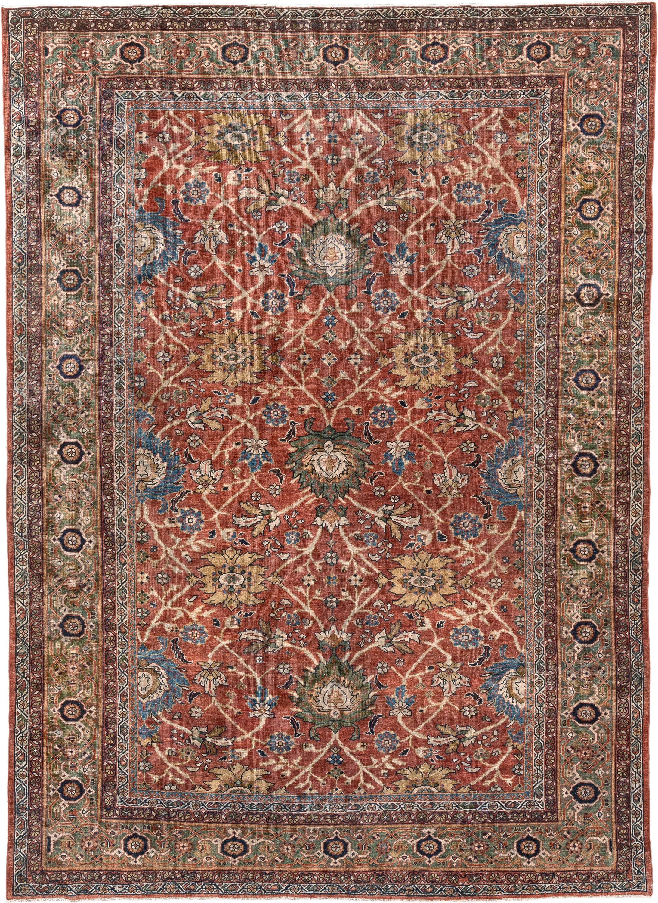 8' x 12' one-of-a-kind handmade vintage Sultanabad large size rug. Color palette: terracotta, sage, ivory, gold, navy