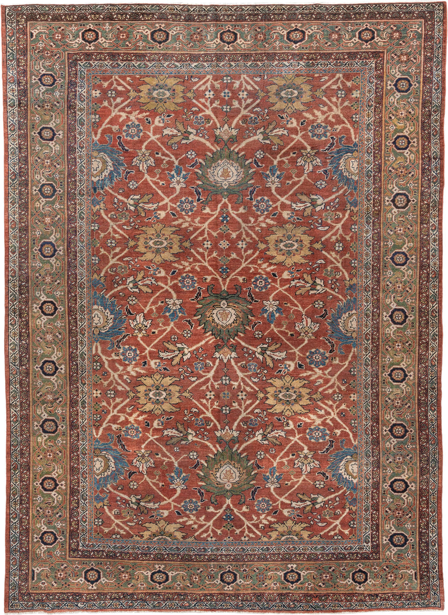 8' x 12' one-of-a-kind handmade vintage Sultanabad large size rug. Color palette: terracotta, sage, ivory, gold, navy