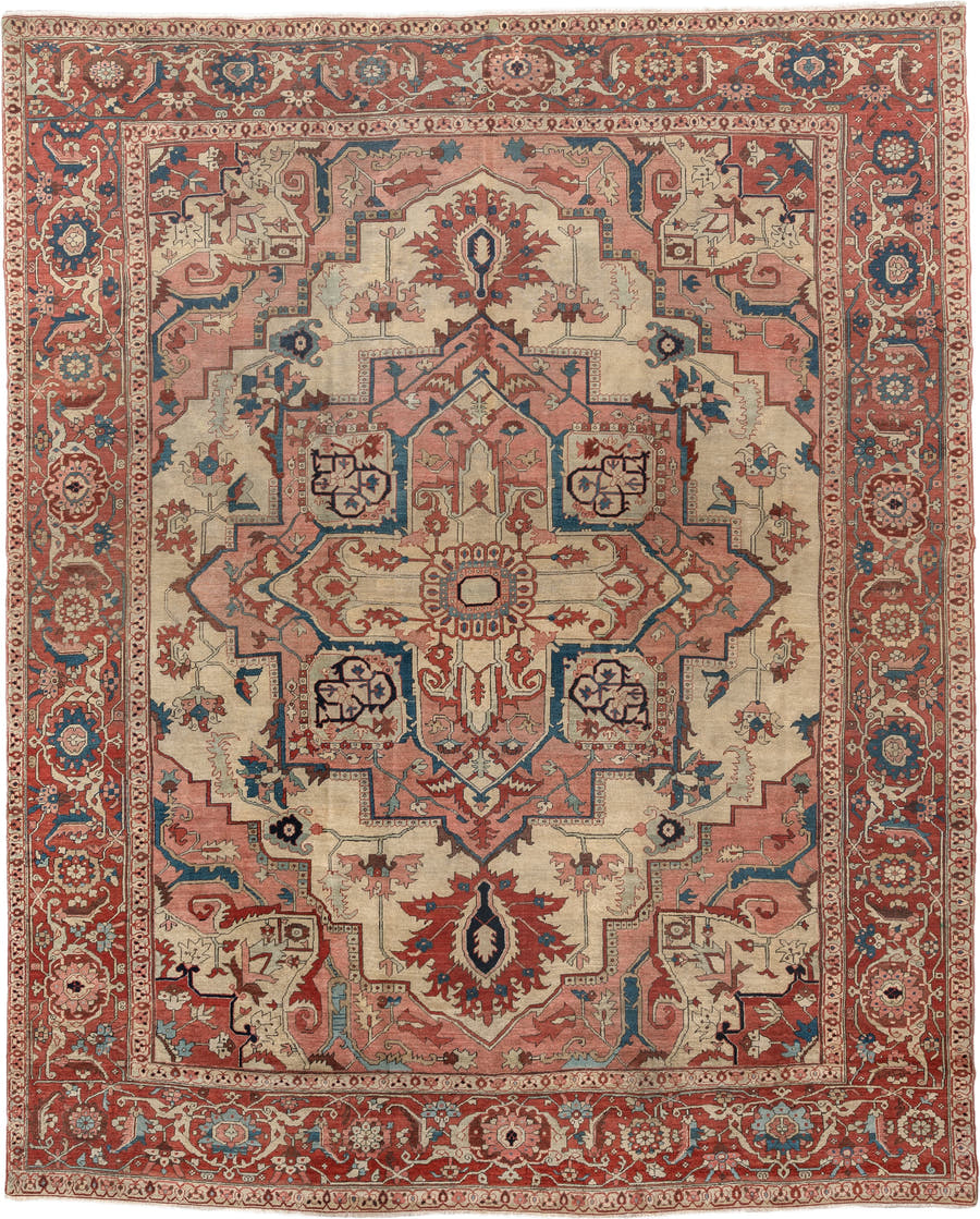 9' x 12' one-of-a-kind handmade vintage Serapi large size rug. Color palette: ivory, terracotta, rose, deep blue, rust