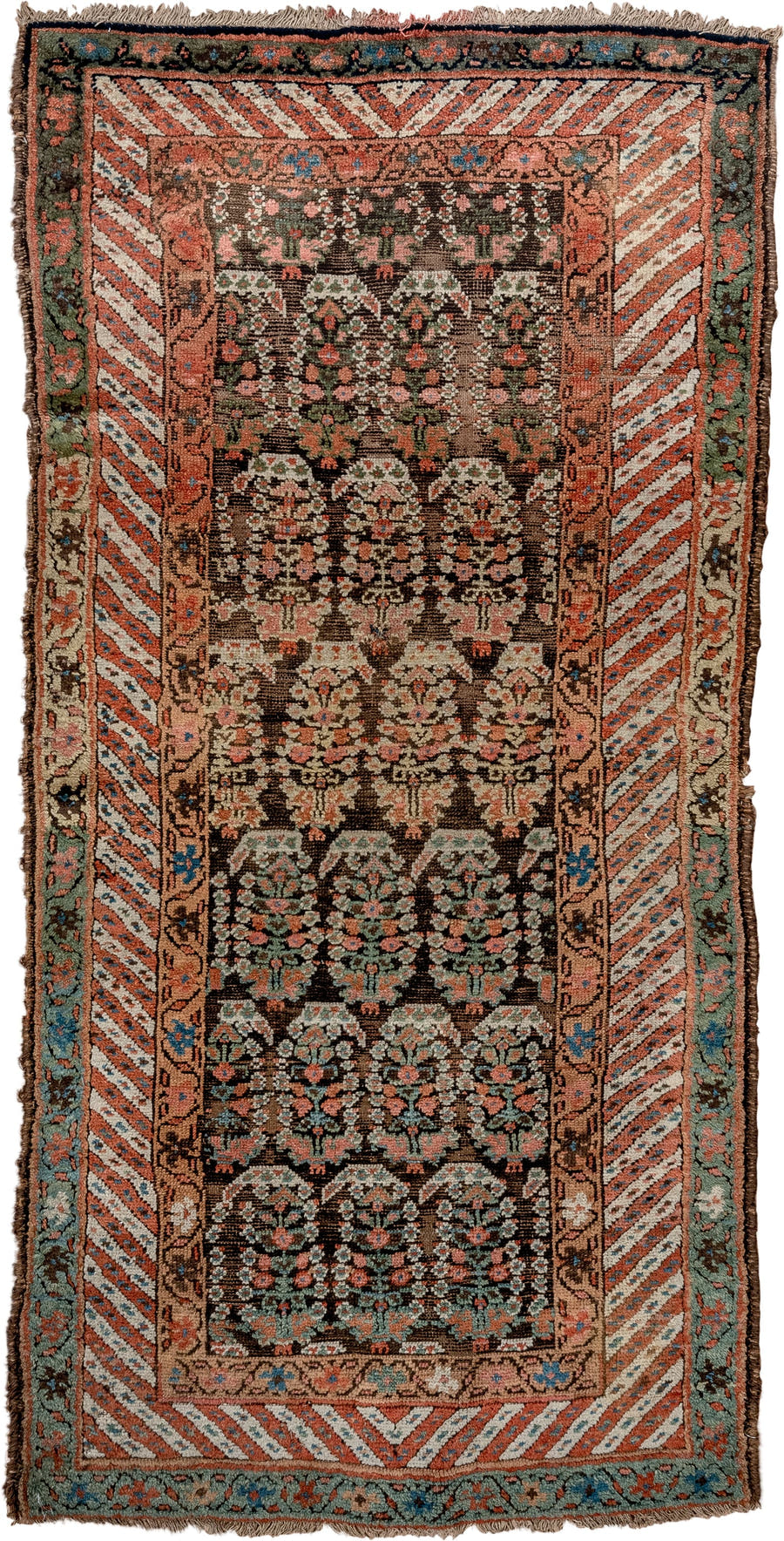 4' x 8' one-of-a-kind handmade vintage Kurd runner rug. Color palette: brown, coral, turquoise, ivory, rust, teal, camel