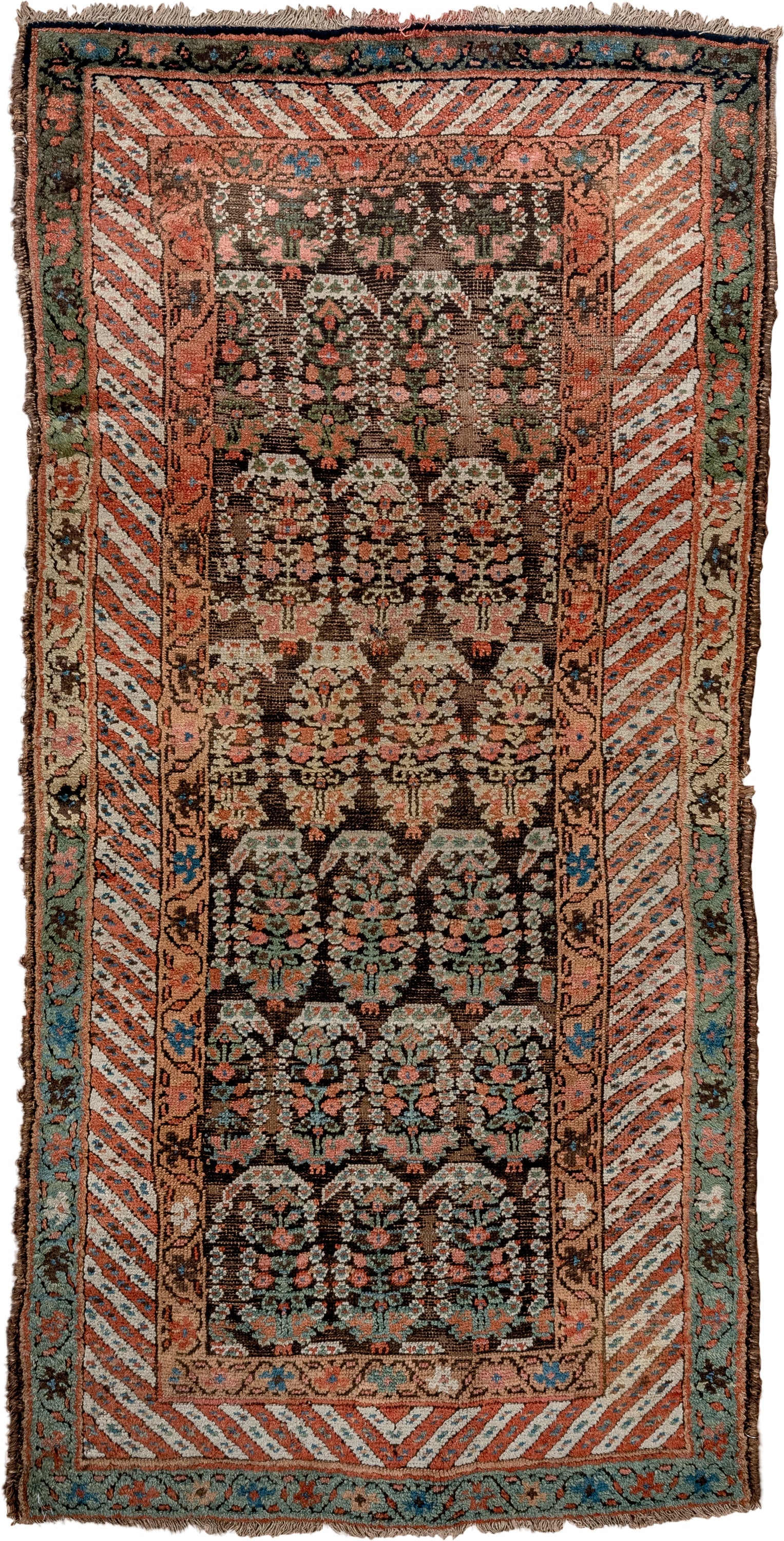 4' x 8' one-of-a-kind handmade vintage Kurd runner rug. Color palette: brown, coral, turquoise, ivory, rust, teal, camel