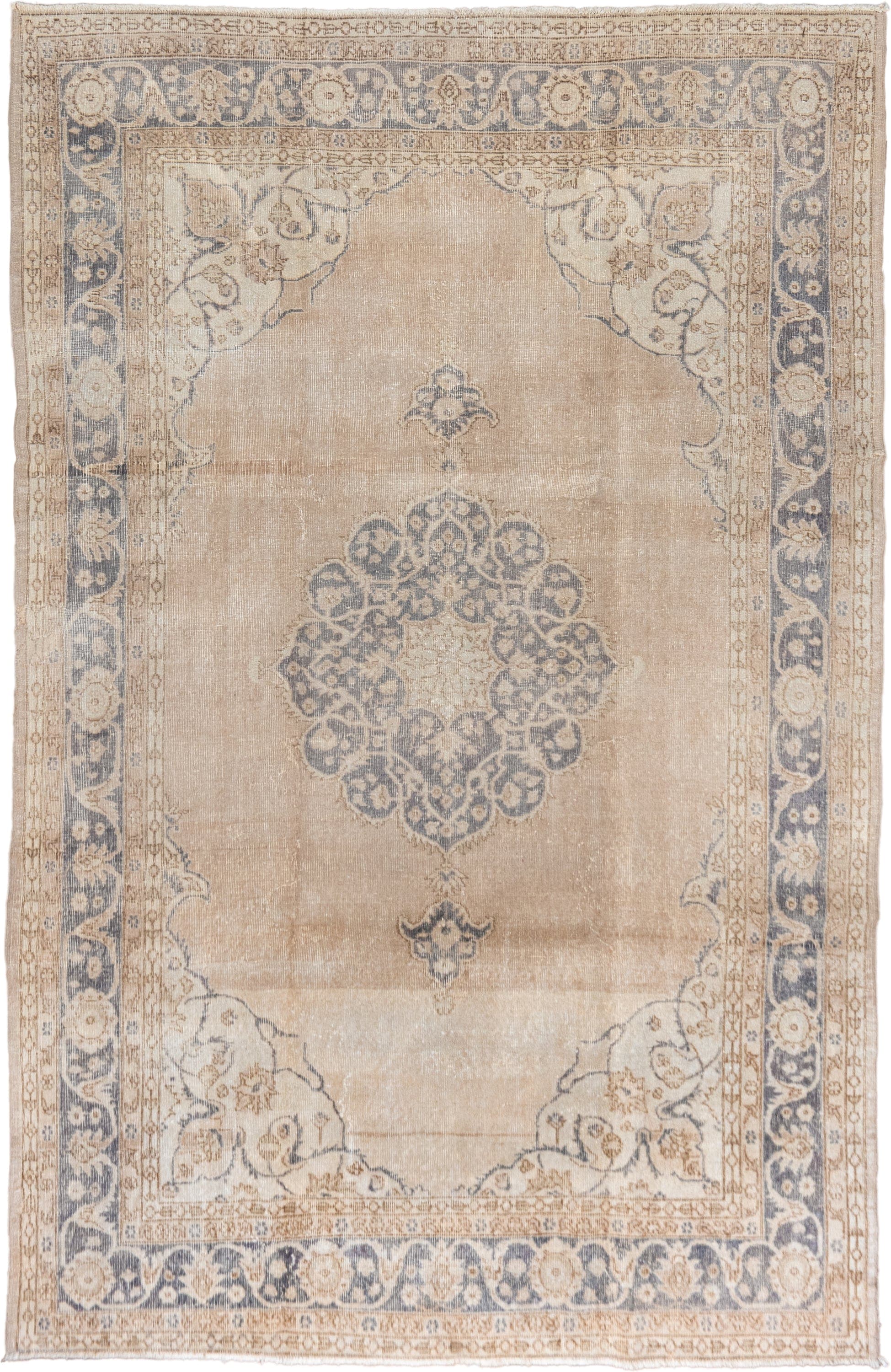 6' x 10' one-of-a-kind handmade vintage Oushak large size rug. Color palette: ivory, beige, faded blue, tan, taupe, blue