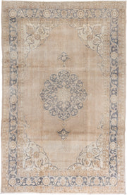 6' x 10' one-of-a-kind handmade vintage Oushak large size rug. Color palette: ivory, beige, faded blue, tan, taupe, blue