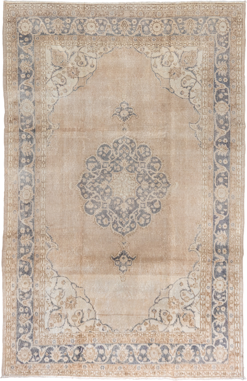 6' x 10' one-of-a-kind handmade vintage Oushak large size rug. Color palette: ivory, beige, faded blue, tan, taupe, blue