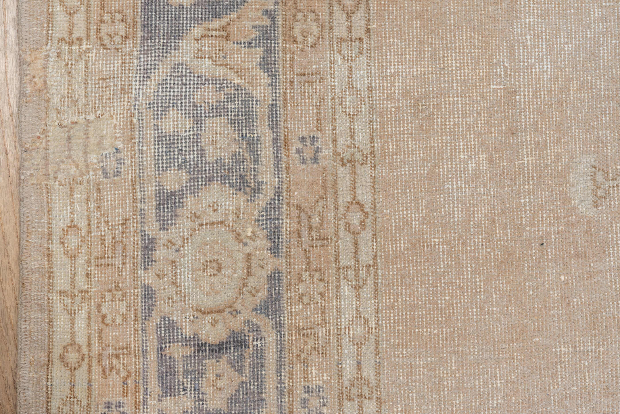 6' x 10' one-of-a-kind handmade vintage Oushak large size rug. Color palette: ivory, beige, faded blue, tan, taupe, blue