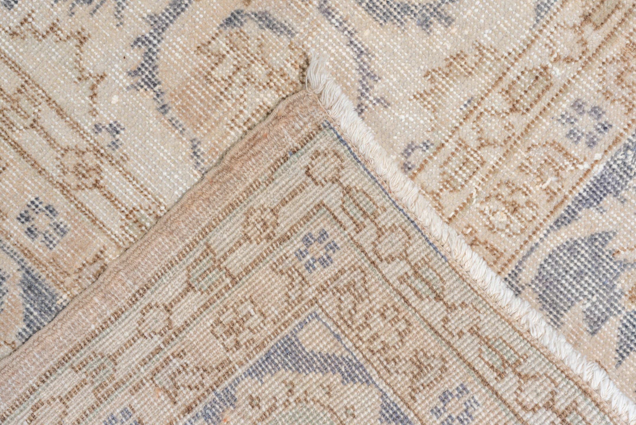 6' x 10' one-of-a-kind handmade vintage Oushak large size rug. Color palette: ivory, beige, faded blue, tan, taupe, blue