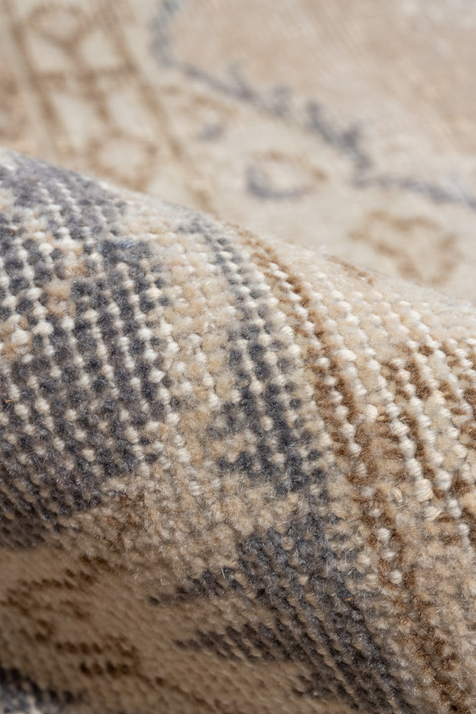 6' x 10' one-of-a-kind handmade vintage Oushak large size rug. Color palette: ivory, beige, faded blue, tan, taupe, blue