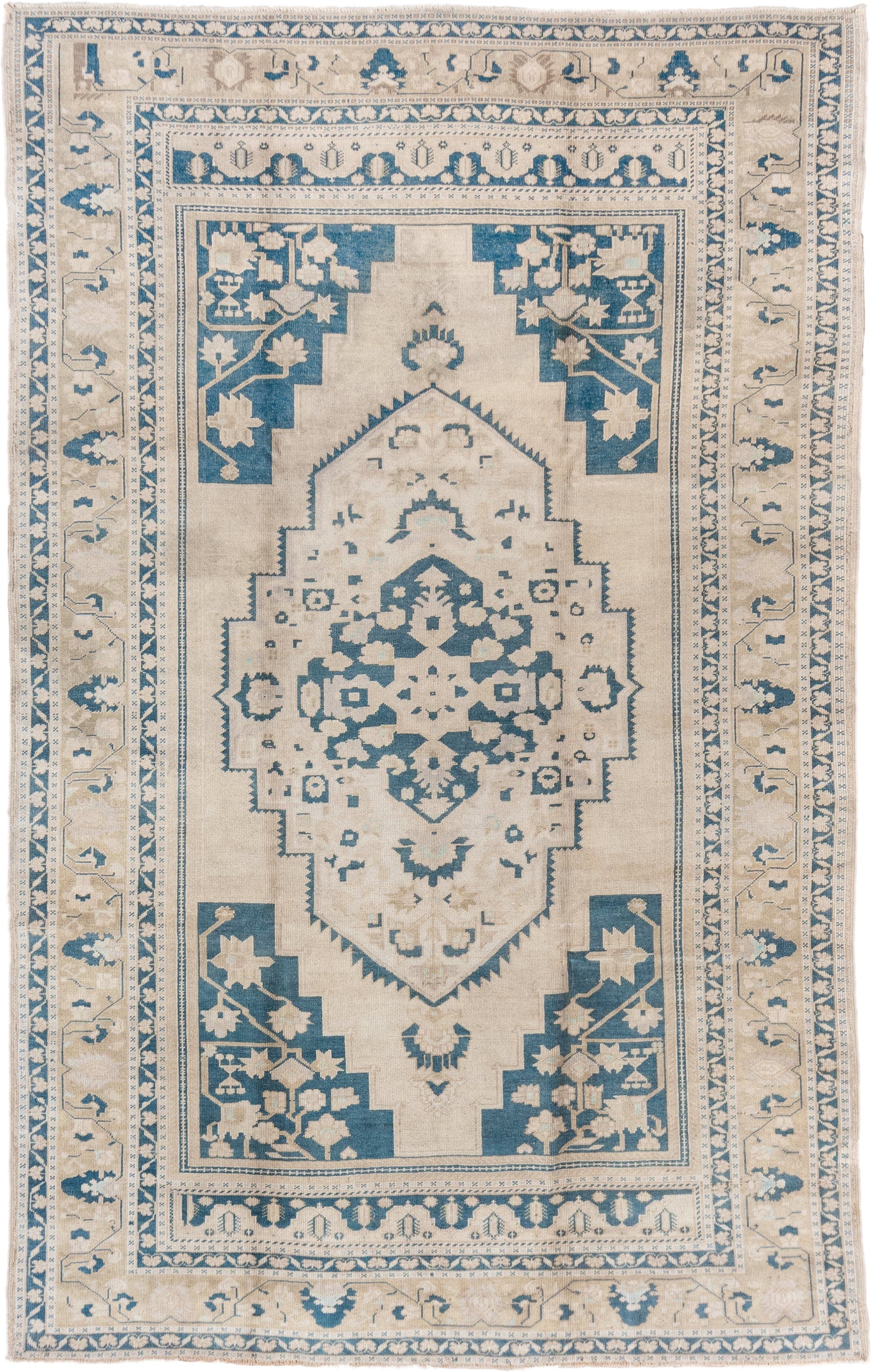6' x 10' one-of-a-kind handmade vintage Oushak large size rug. Color palette: ivory, sky blue, beige, cream, taupe