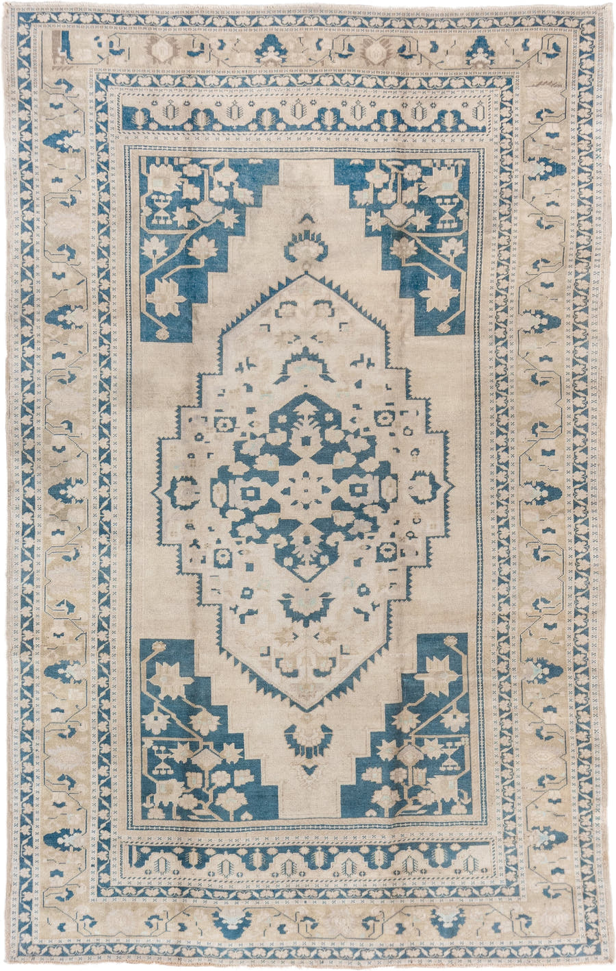 6' x 10' one-of-a-kind handmade vintage Oushak large size rug. Color palette: ivory, sky blue, beige, cream, taupe