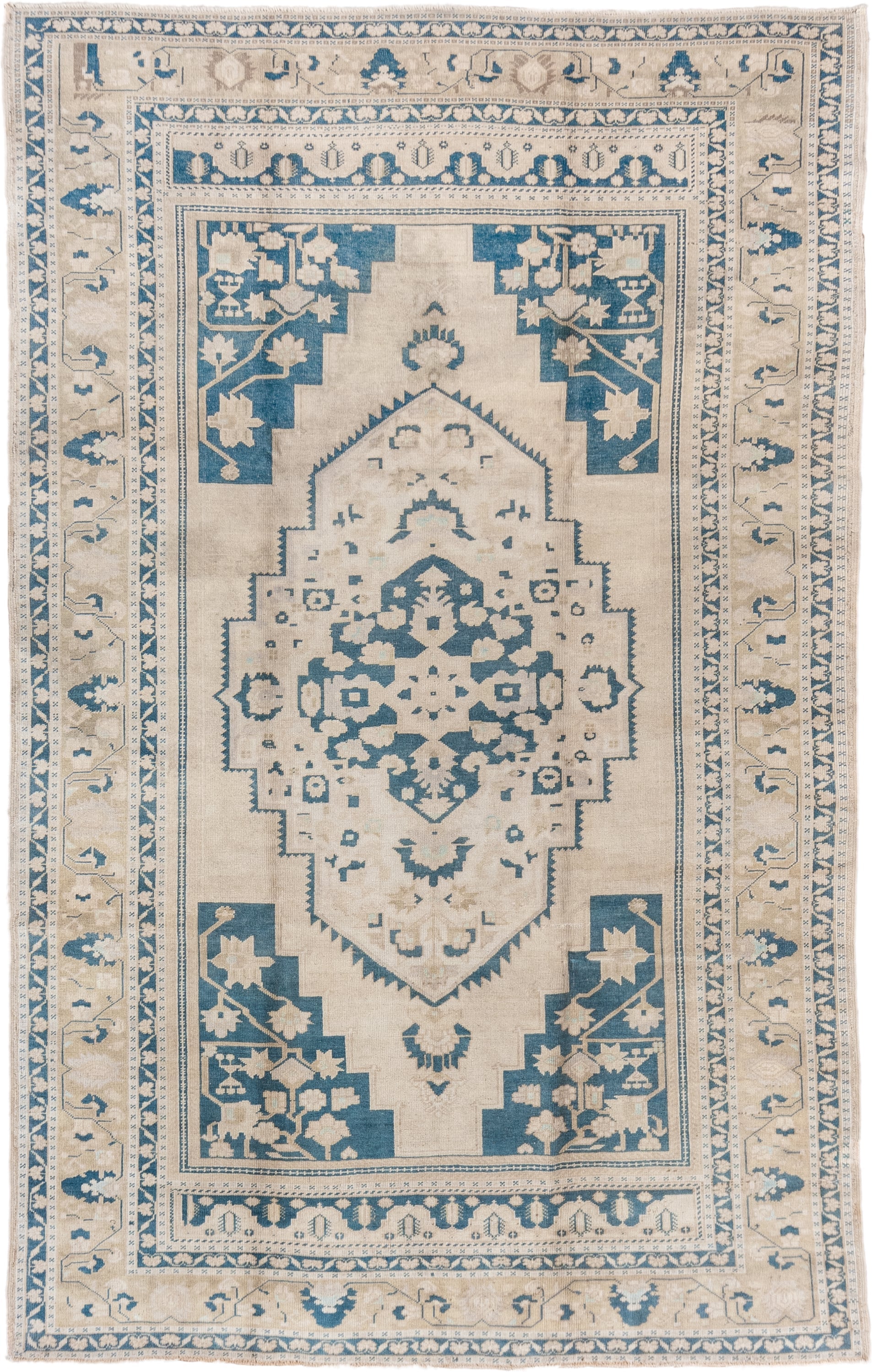 6' x 10' one-of-a-kind handmade vintage Oushak large size rug. Color palette: ivory, sky blue, beige, cream, taupe