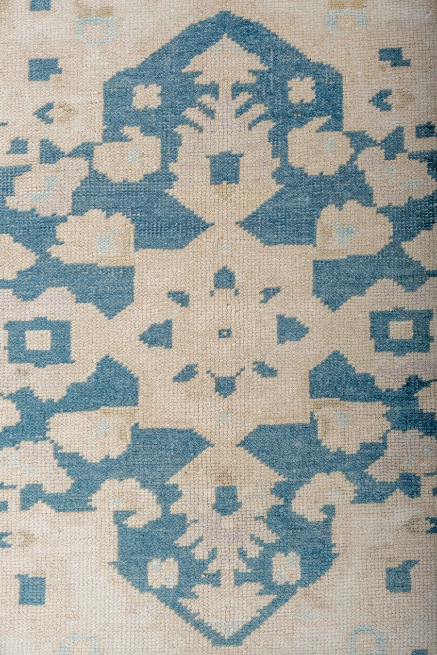 6' x 10' one-of-a-kind handmade vintage Oushak large size rug. Color palette: ivory, sky blue, beige, cream, taupe