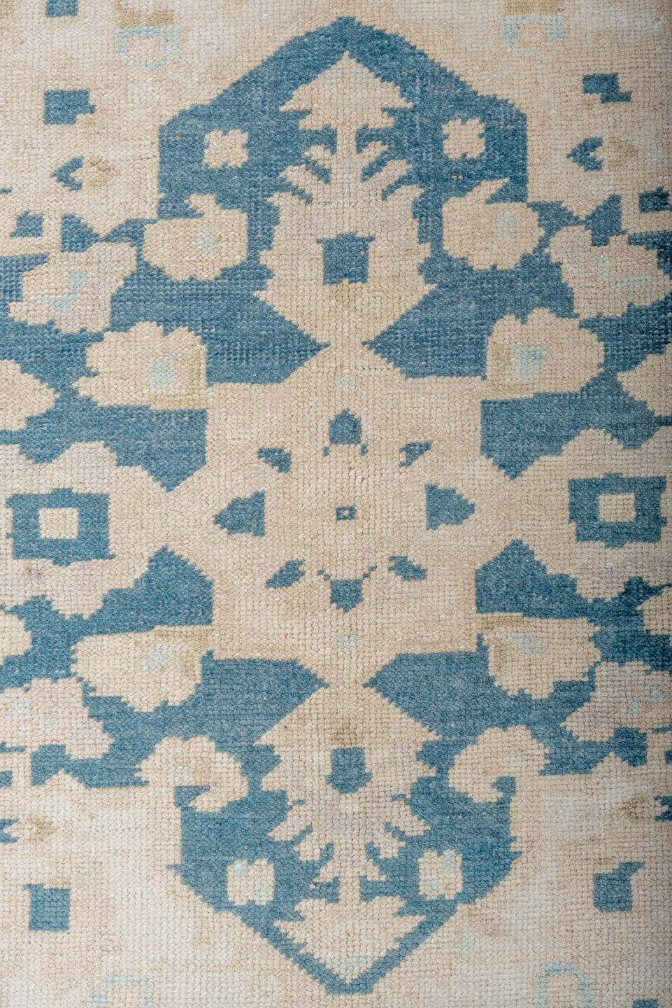 6' x 10' one-of-a-kind handmade vintage Oushak large size rug. Color palette: ivory, sky blue, beige, cream, taupe