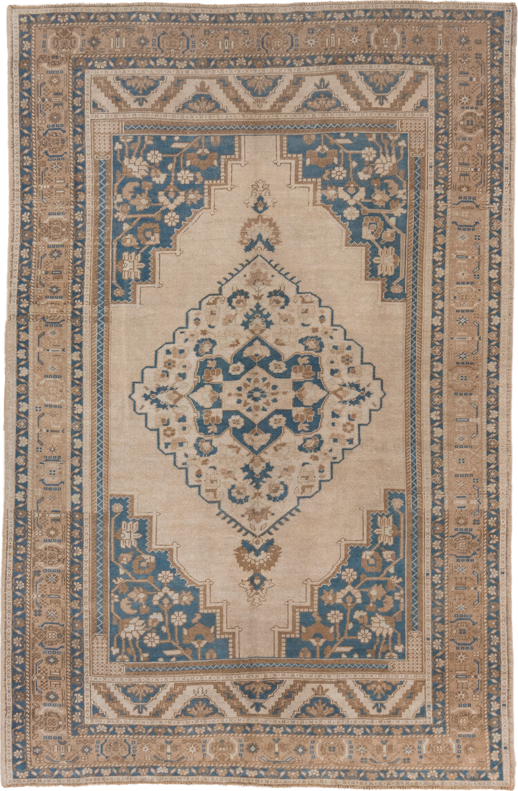 6' x 9' one-of-a-kind handmade vintage Oushak medium size rug. Color palette: ivory, beige, sky blue, taupe, camel