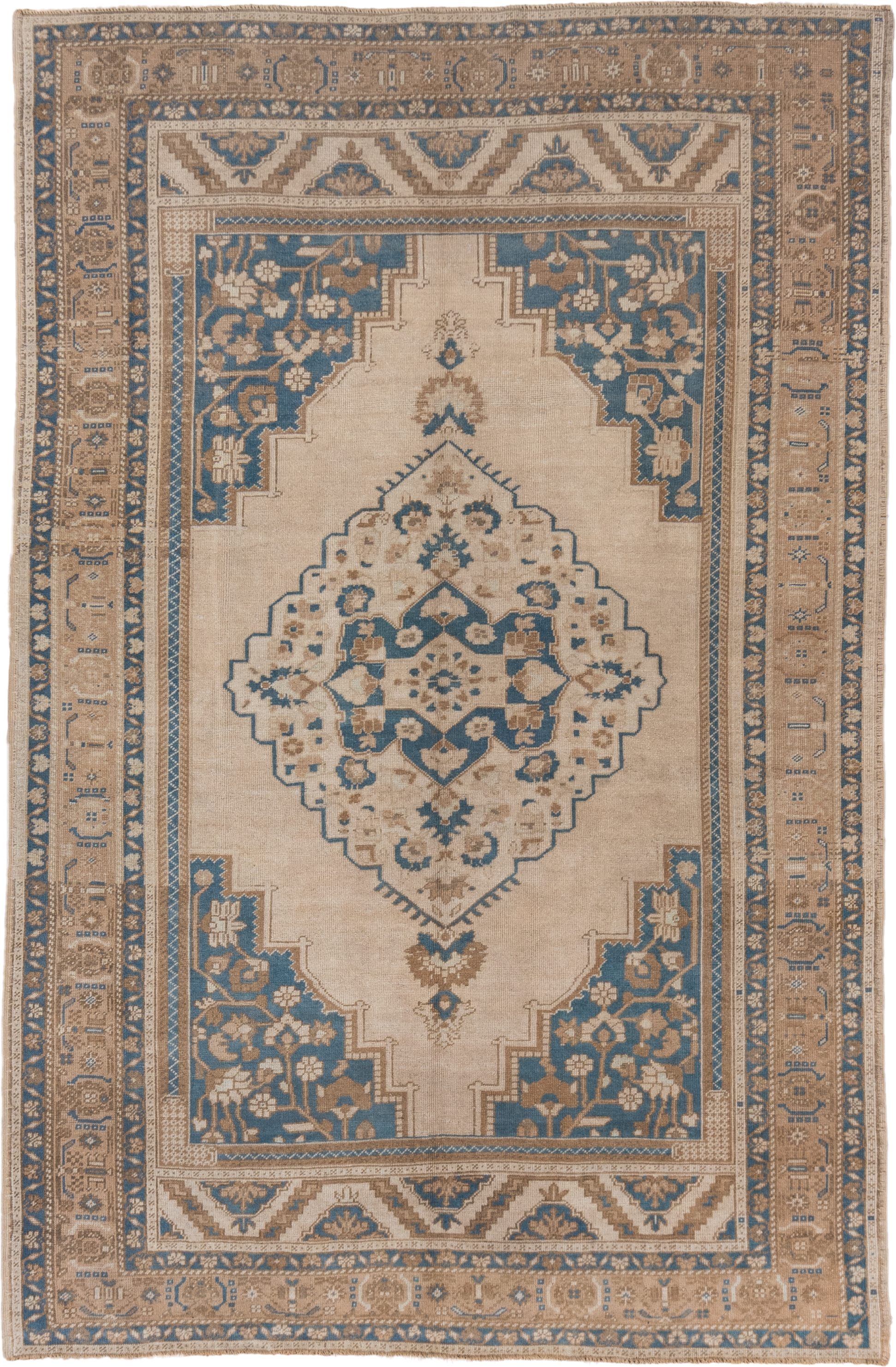 6' x 9' one-of-a-kind handmade vintage Oushak medium size rug. Color palette: ivory, beige, sky blue, taupe, camel
